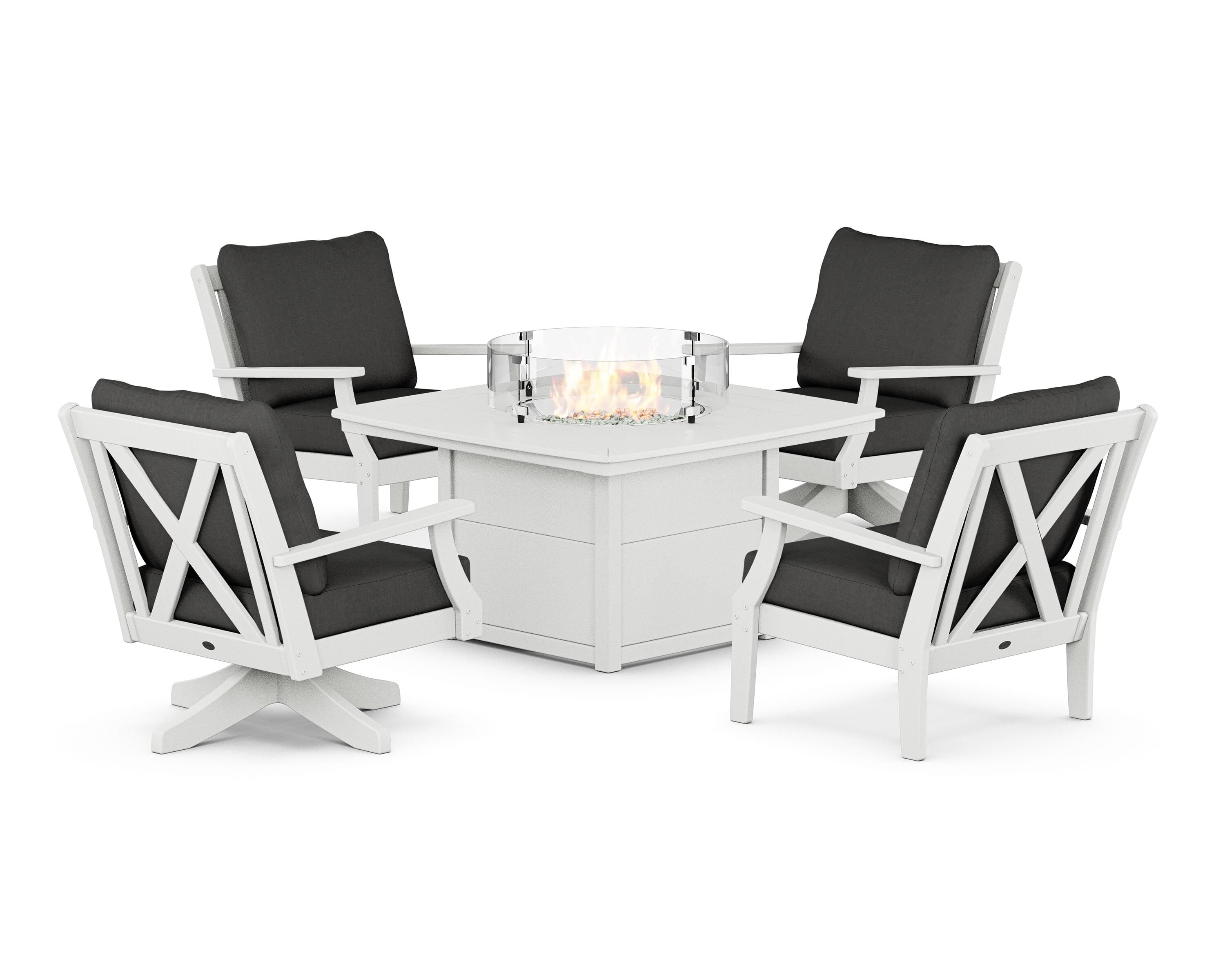 POLYWOOD Braxton 5-Piece Deep Seating Set with Fire Table in White / Spectrum Carbon
