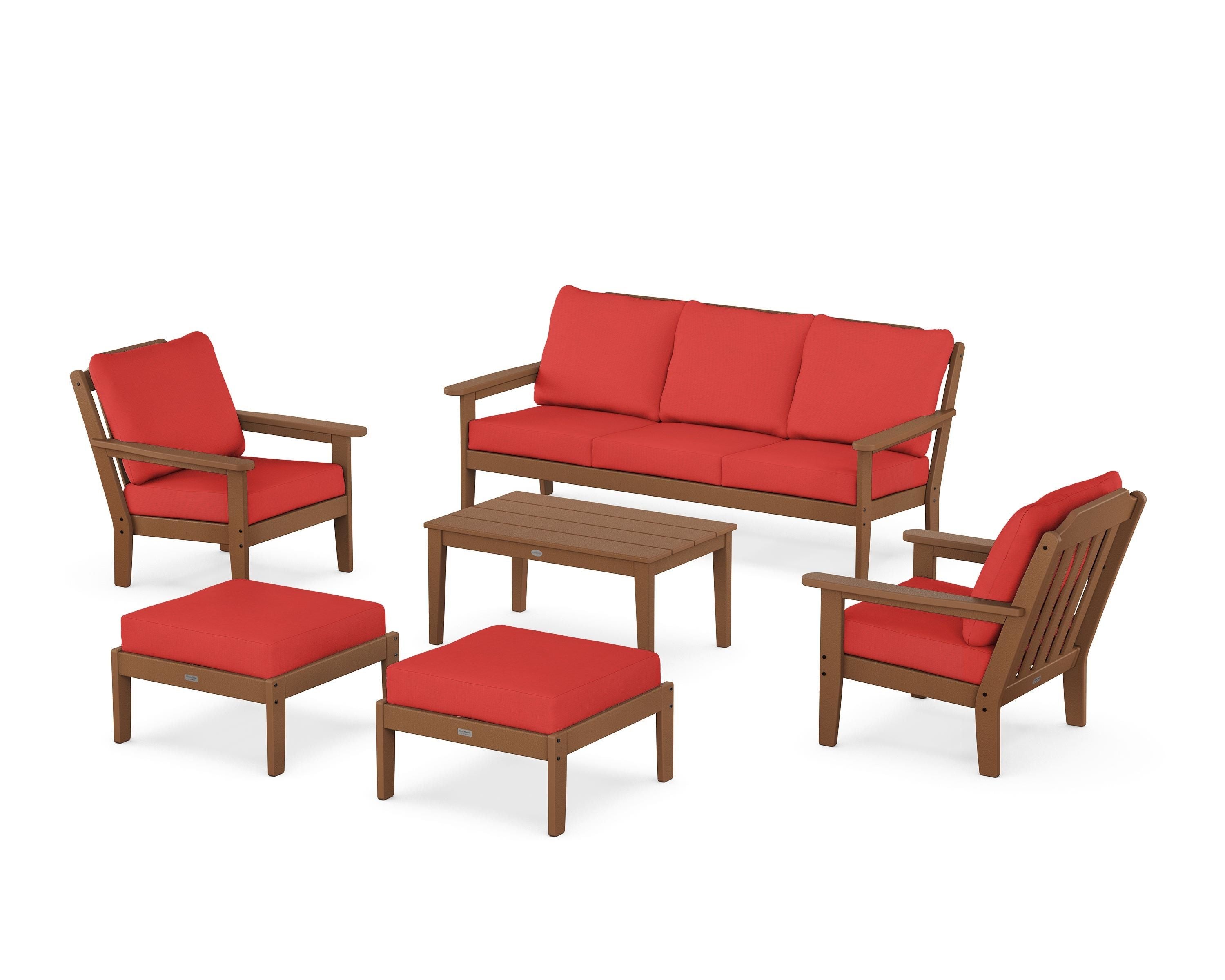 Country Living Cottage 6-Piece Lounge Sofa Set in Teak / Crimson Linen
