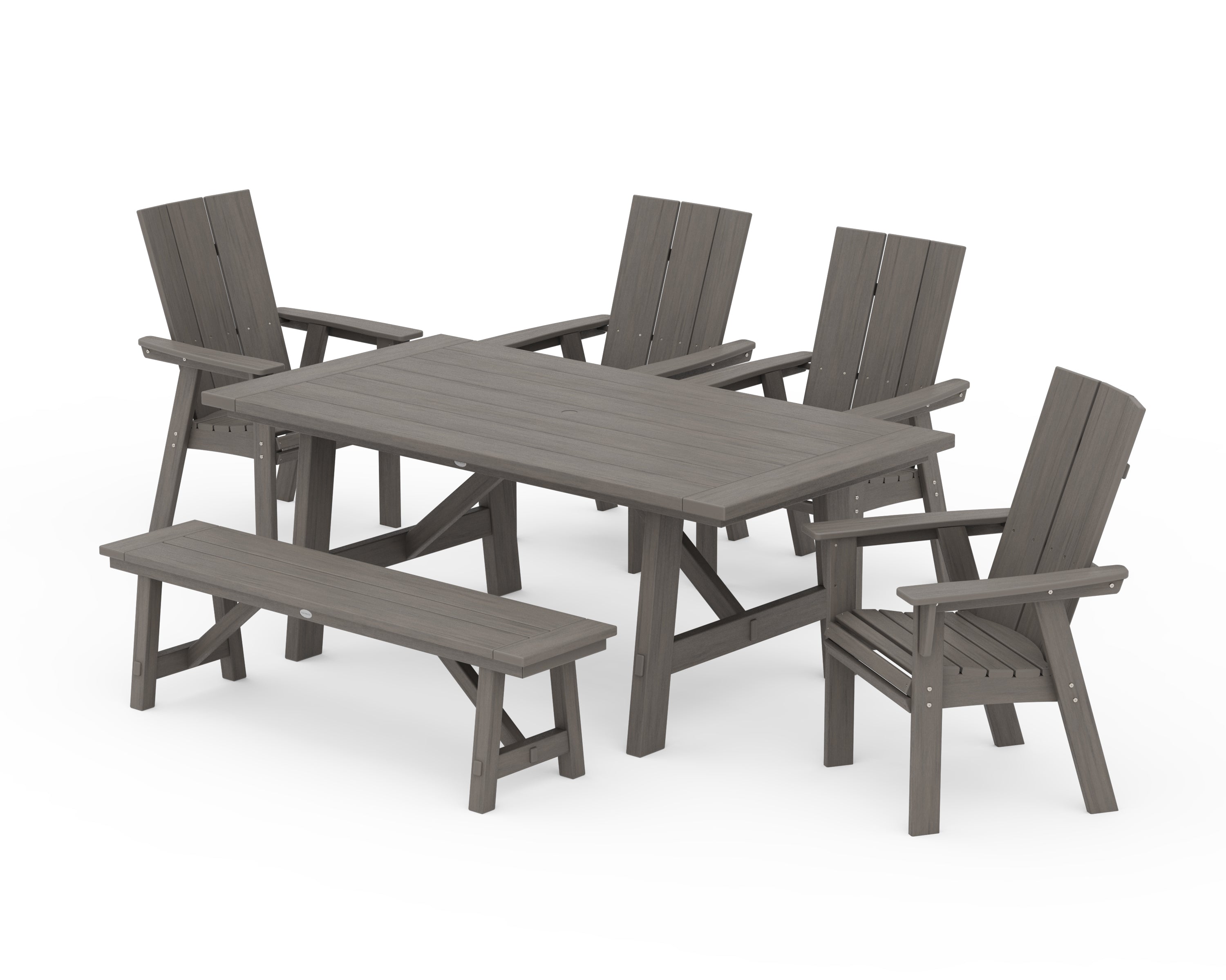 POLYWOOD Modern Curveback Adirondack 6-Piece Rustic Farmhouse Dining Set with Bench in Driftwood