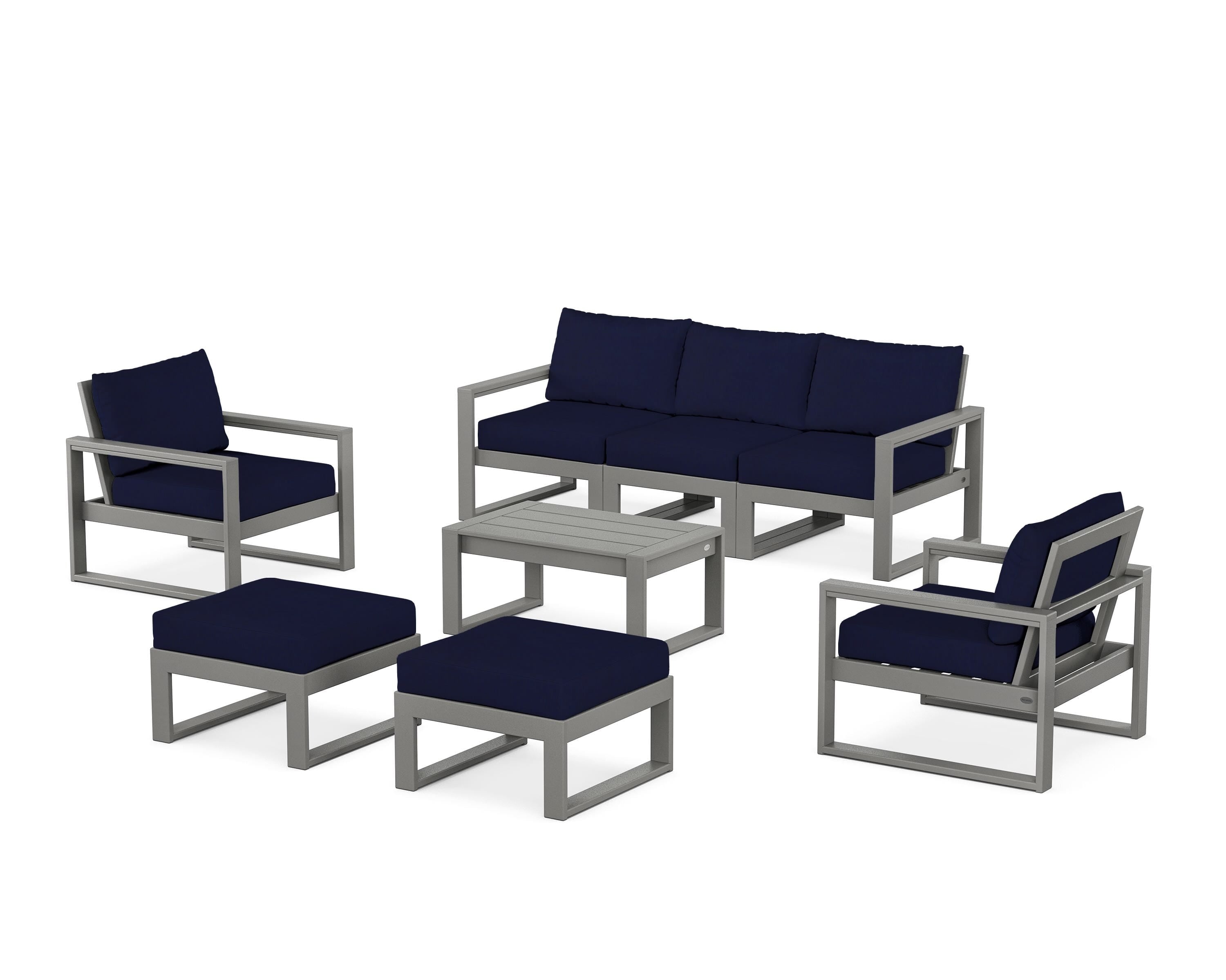 POLYWOOD EDGE Sectional 8-Piece Lounge Sofa Set in Slate Grey / Navy