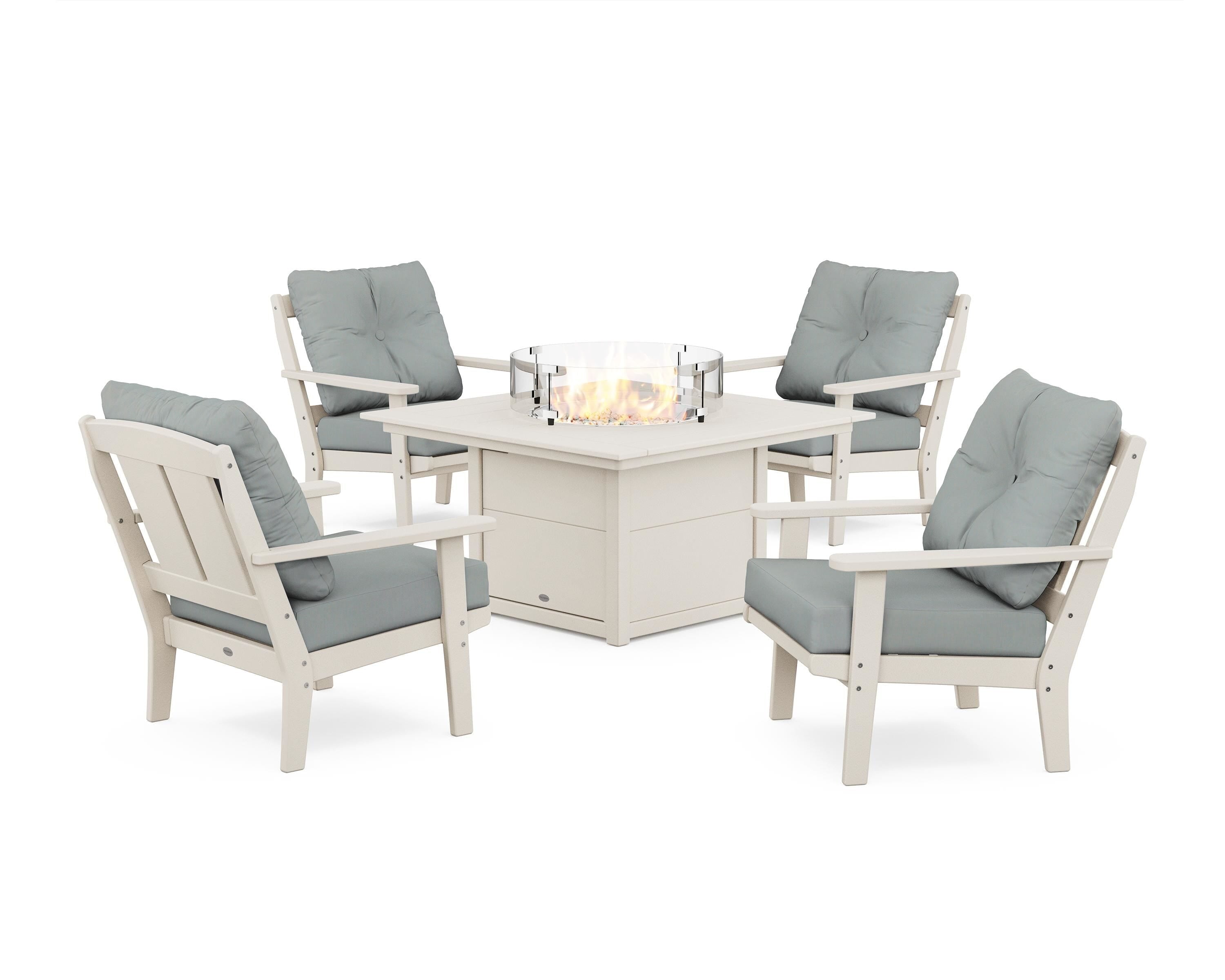 POLYWOOD Mission 5-Piece Deep Seating Set with Fire Pit Table in Sand / Spa