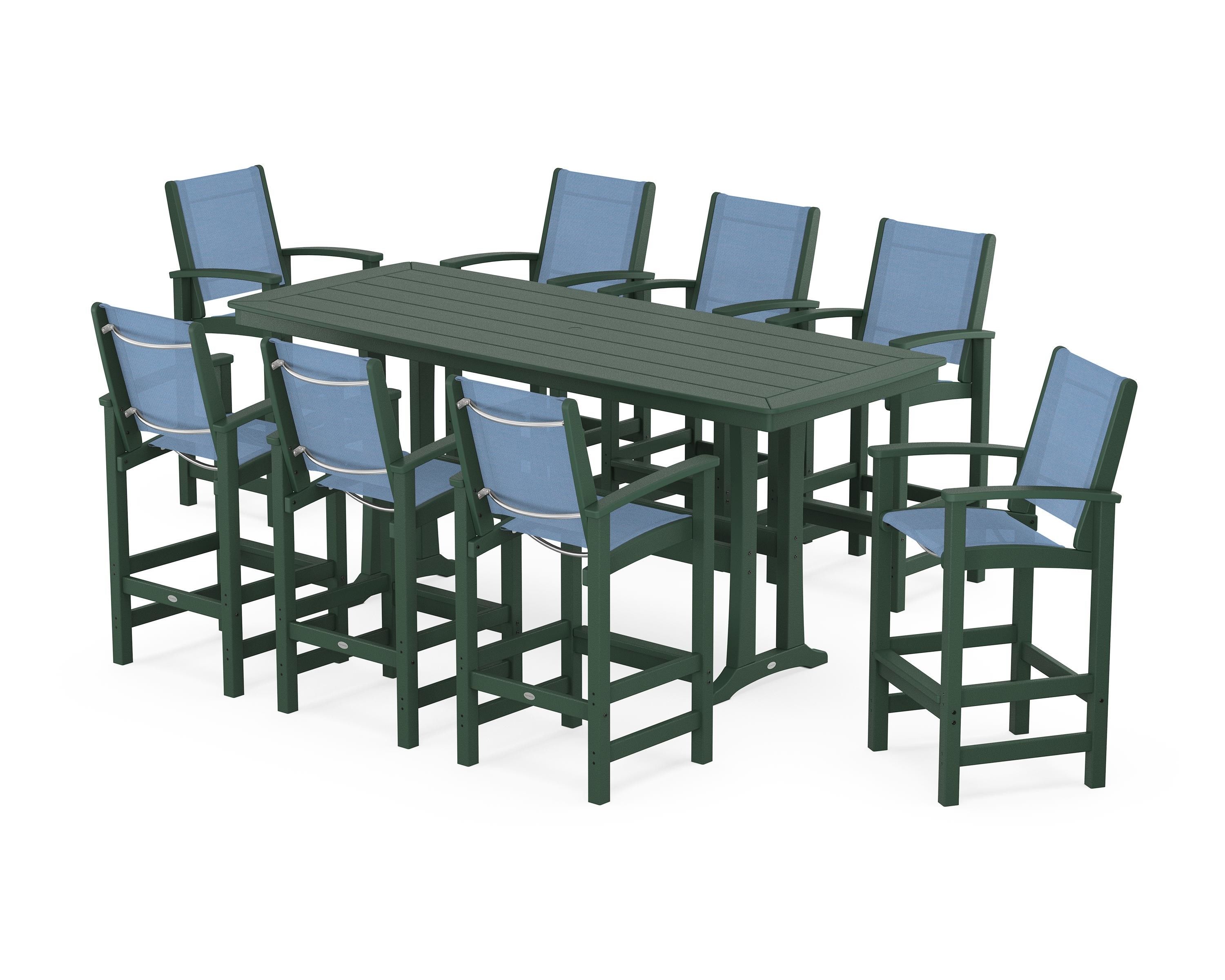 POLYWOOD Coastal 9-Piece Bar Set with Trestle Legs in Green / Poolside Sling