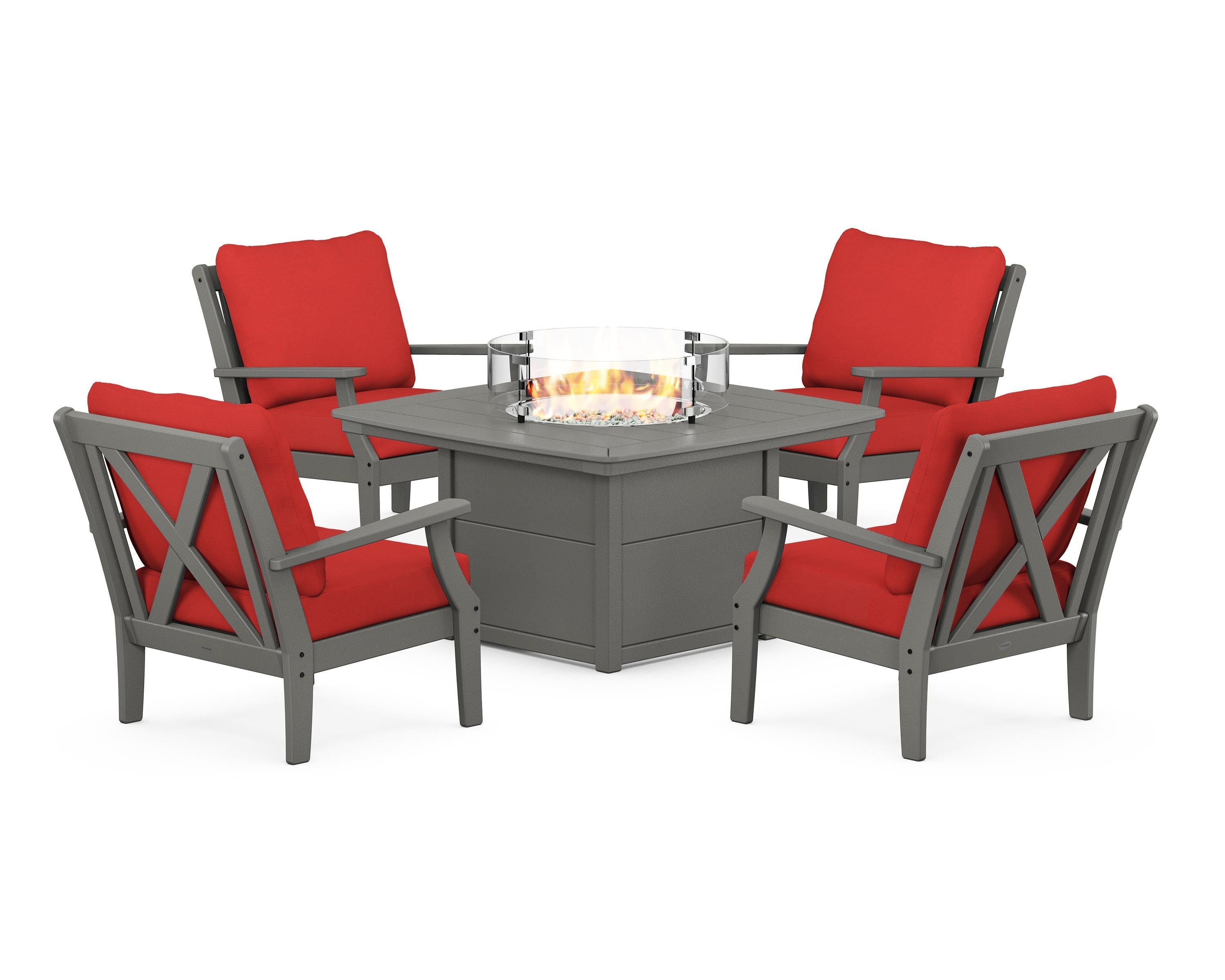 POLYWOOD Braxton 5-Piece Deep Seating Conversation Set with Fire Pit Table in Slate Grey / Crimson Linen