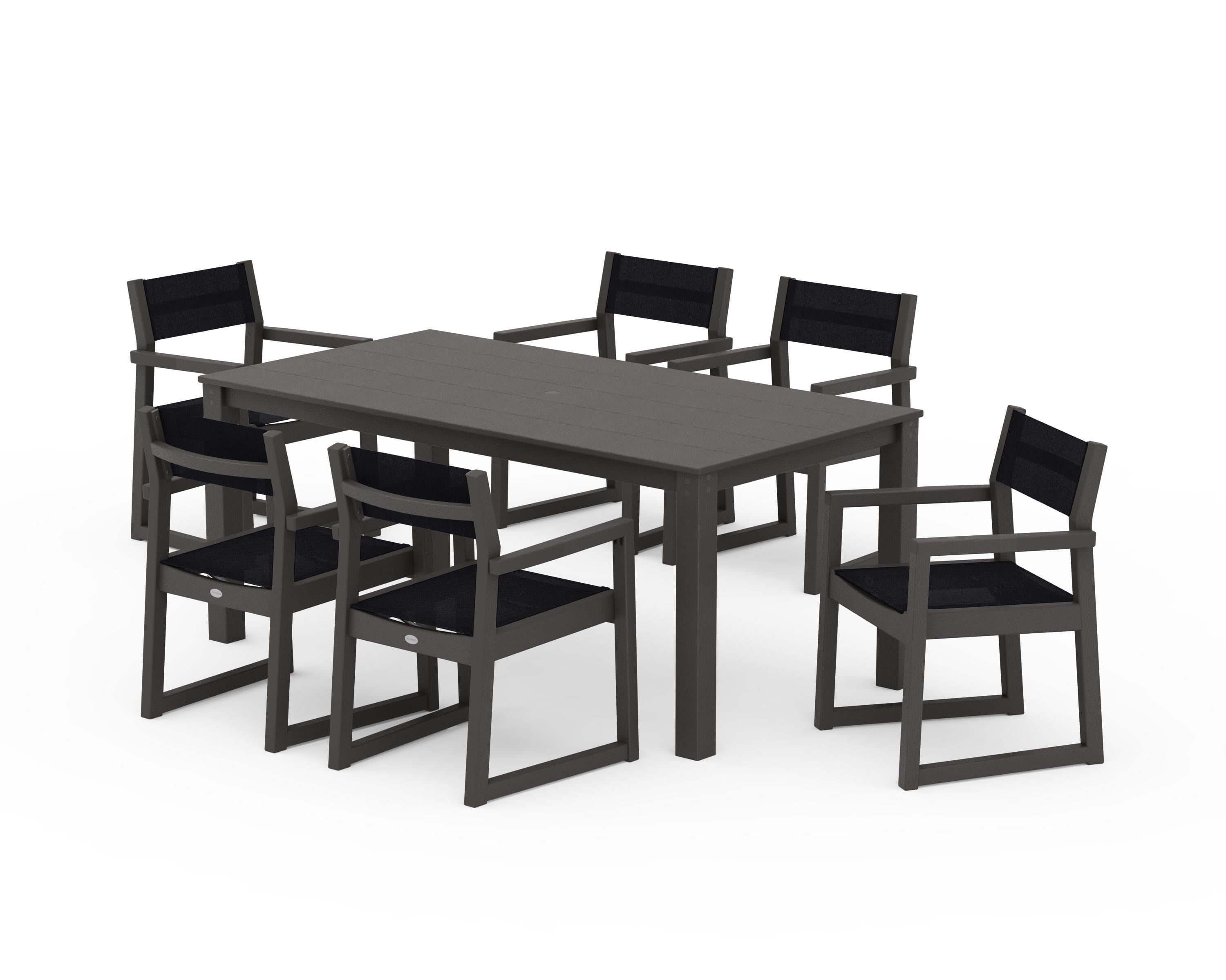 POLYWOOD EDGE Sling Arm Chair 7-Piece Parsons Dining Set in Vintage Coffee / Black Sling