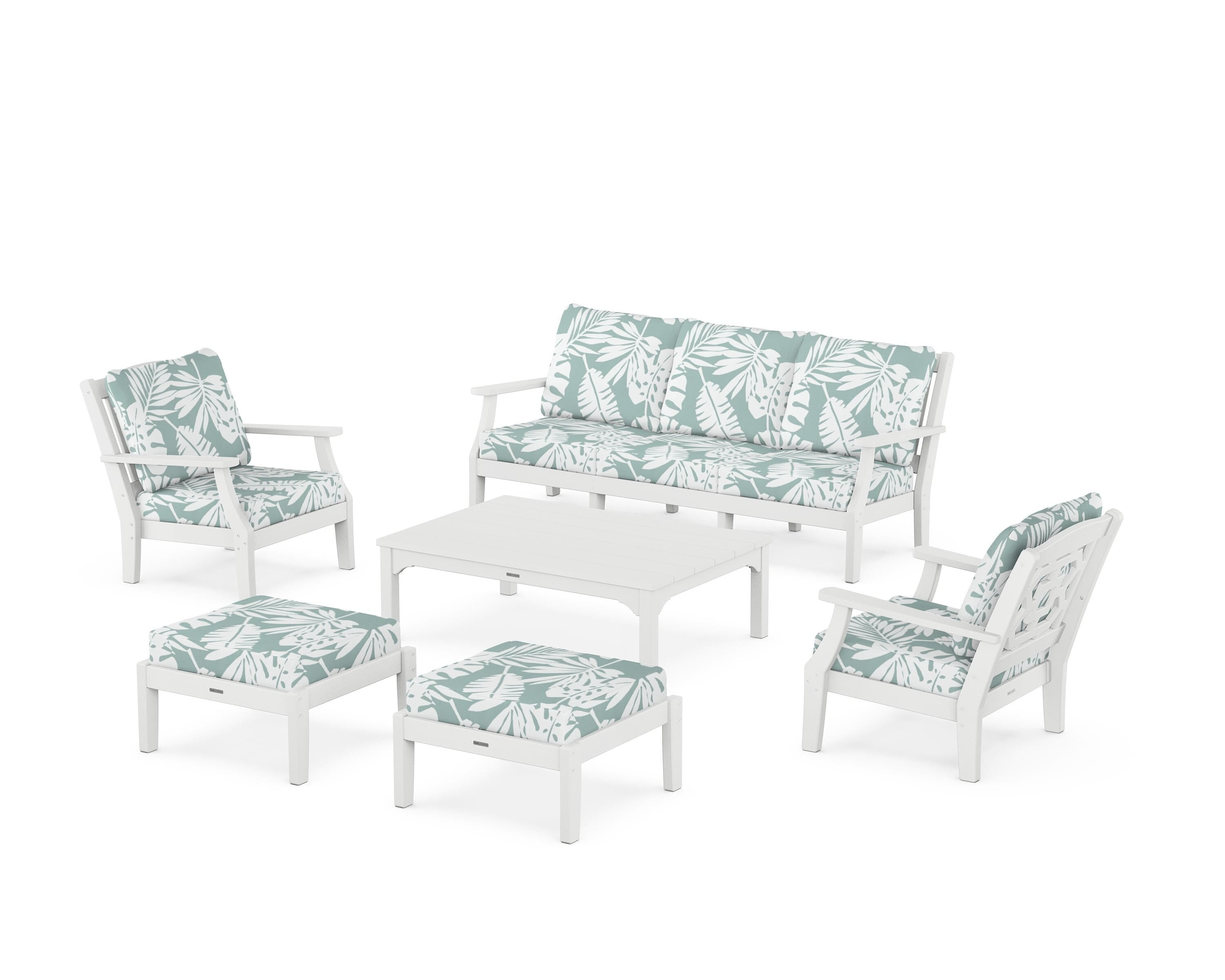 Martha Stewart by POLYWOOD Chinoiserie 6-Piece Lounge Sofa Set in White / Leaf Glacier Spa