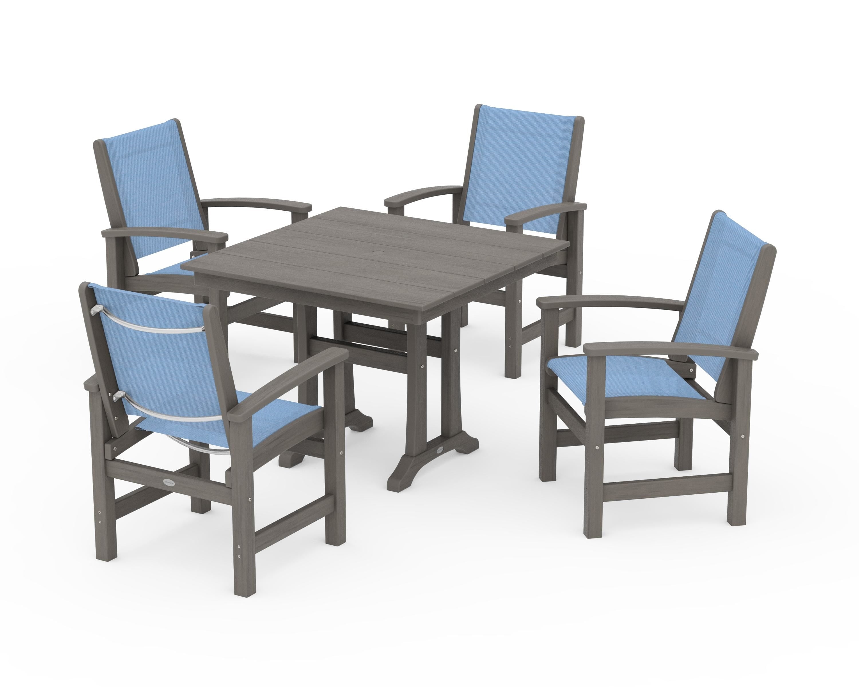 POLYWOOD Coastal 5-Piece Farmhouse Dining Set With Trestle Legs in Driftwood / Poolside Sling