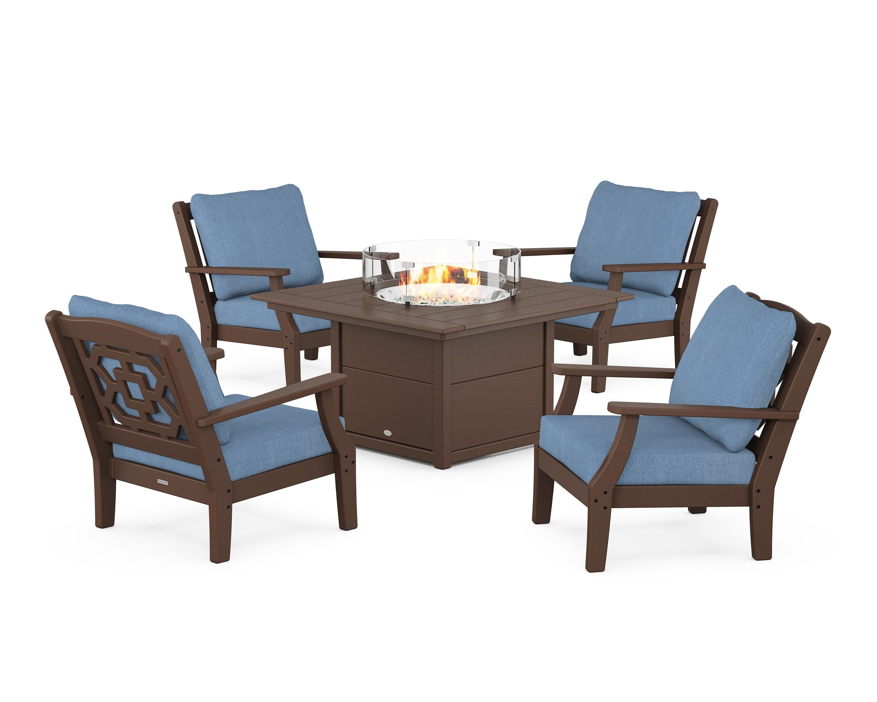 Martha Stewart by POLYWOOD Chinoiserie 5-Piece Deep Seating Set with Fire Pit Table in Mahogany / Sky Blue