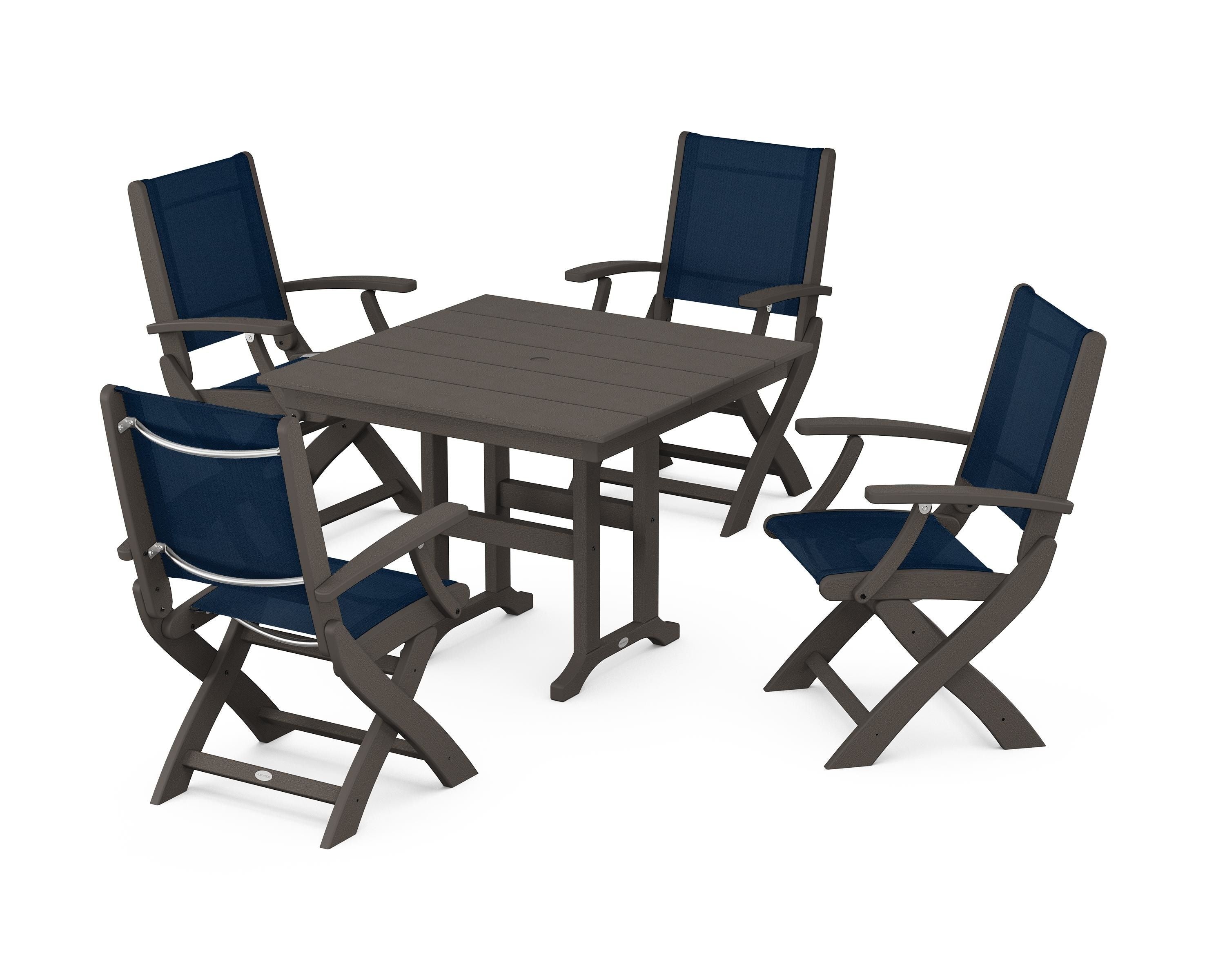 POLYWOOD Coastal Folding Chair 5-Piece Farmhouse Dining Set in Vintage Coffee / Navy Blue Sling