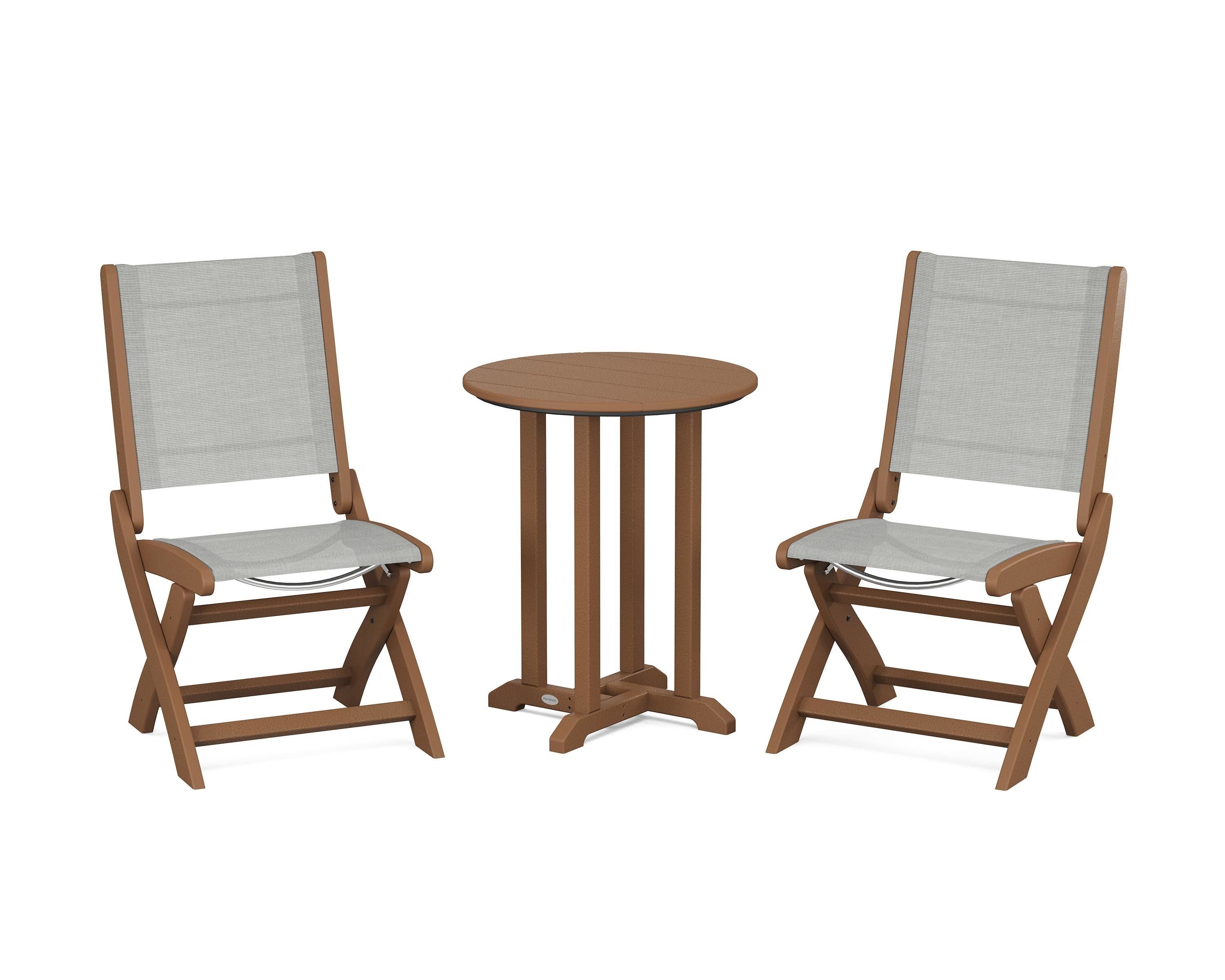 POLYWOOD Coastal Folding Side Chair 3-Piece Round Bistro Dining Set in Teak / Metallic Sling