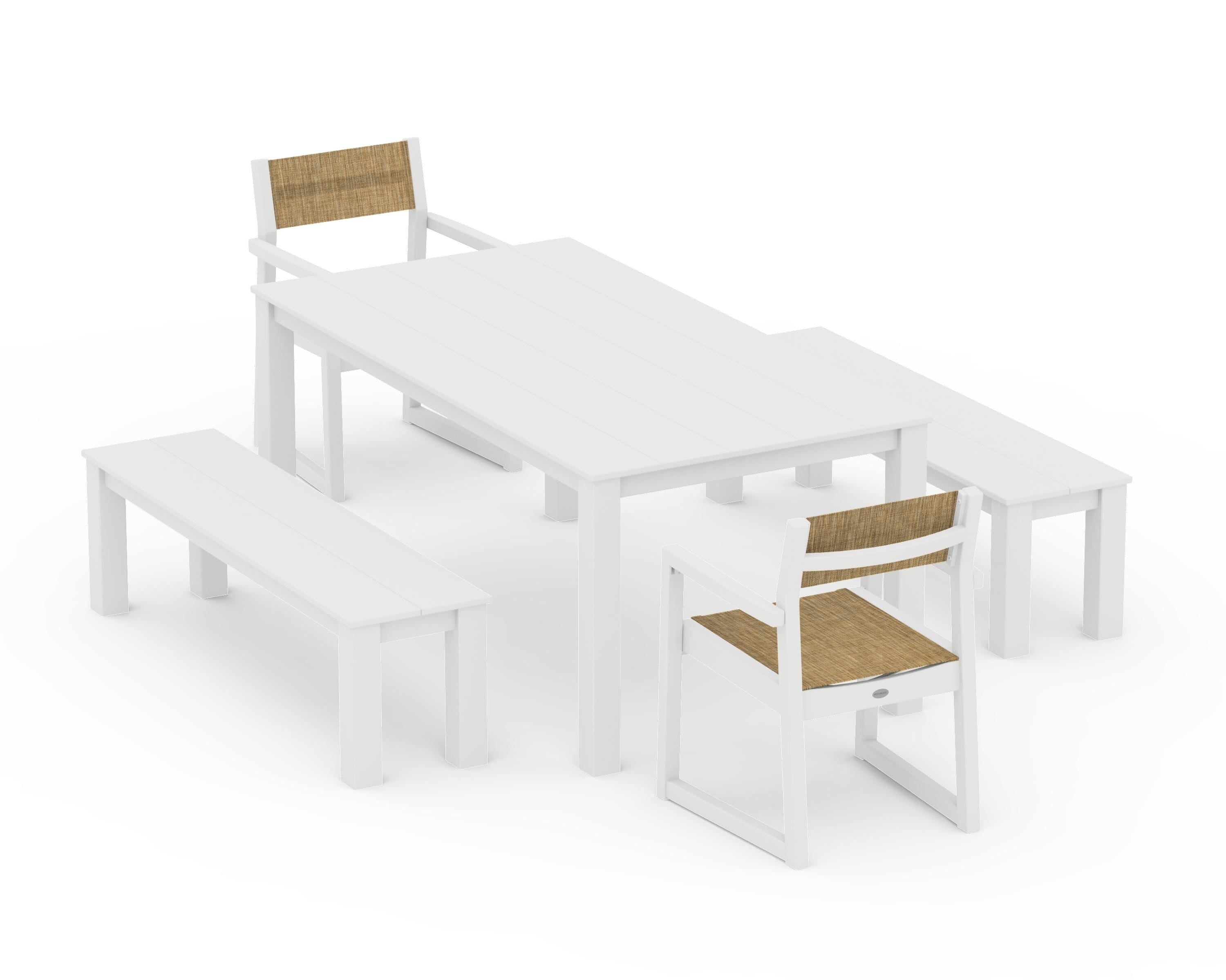 POLYWOOD EDGE Sling Arm Chair 5-Piece Parsons Dining Set with Benches in White / Burlap Sling