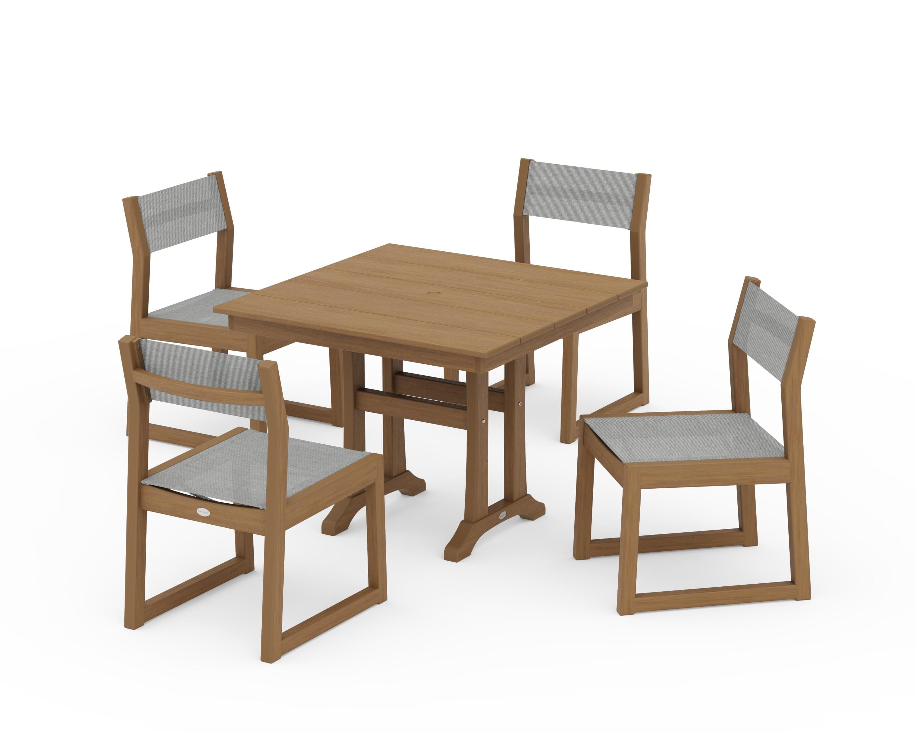 POLYWOOD EDGE Sling 5-Piece Farmhouse Trestle Side Chair Dining Set in Natural / Metallic Sling
