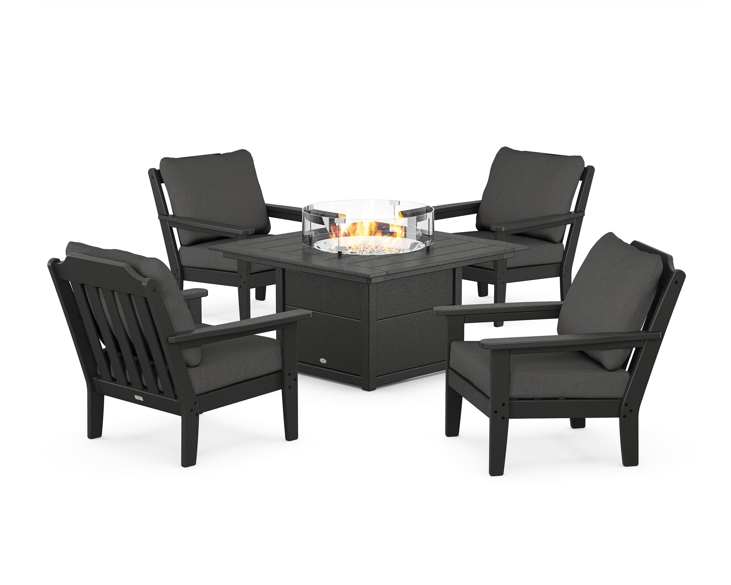 Country Living Cottage 5-Piece Deep Seating Set with Fire Pit Table in Black / Spectrum Carbon