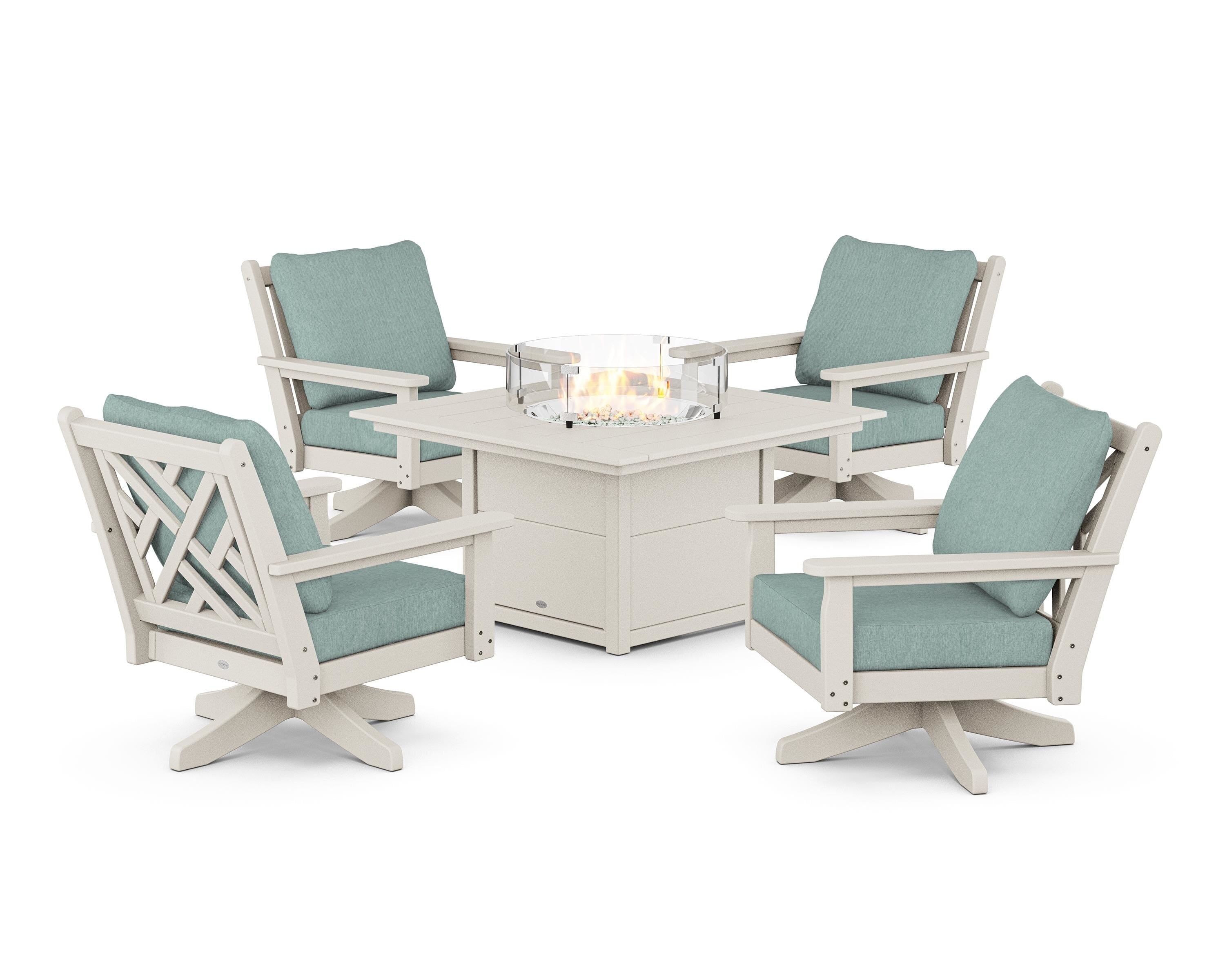 POLYWOOD Chippendale 5-Piece Deep Seating Swivel Conversation Set with Fire Pit Table in Sand / Glacier Spa