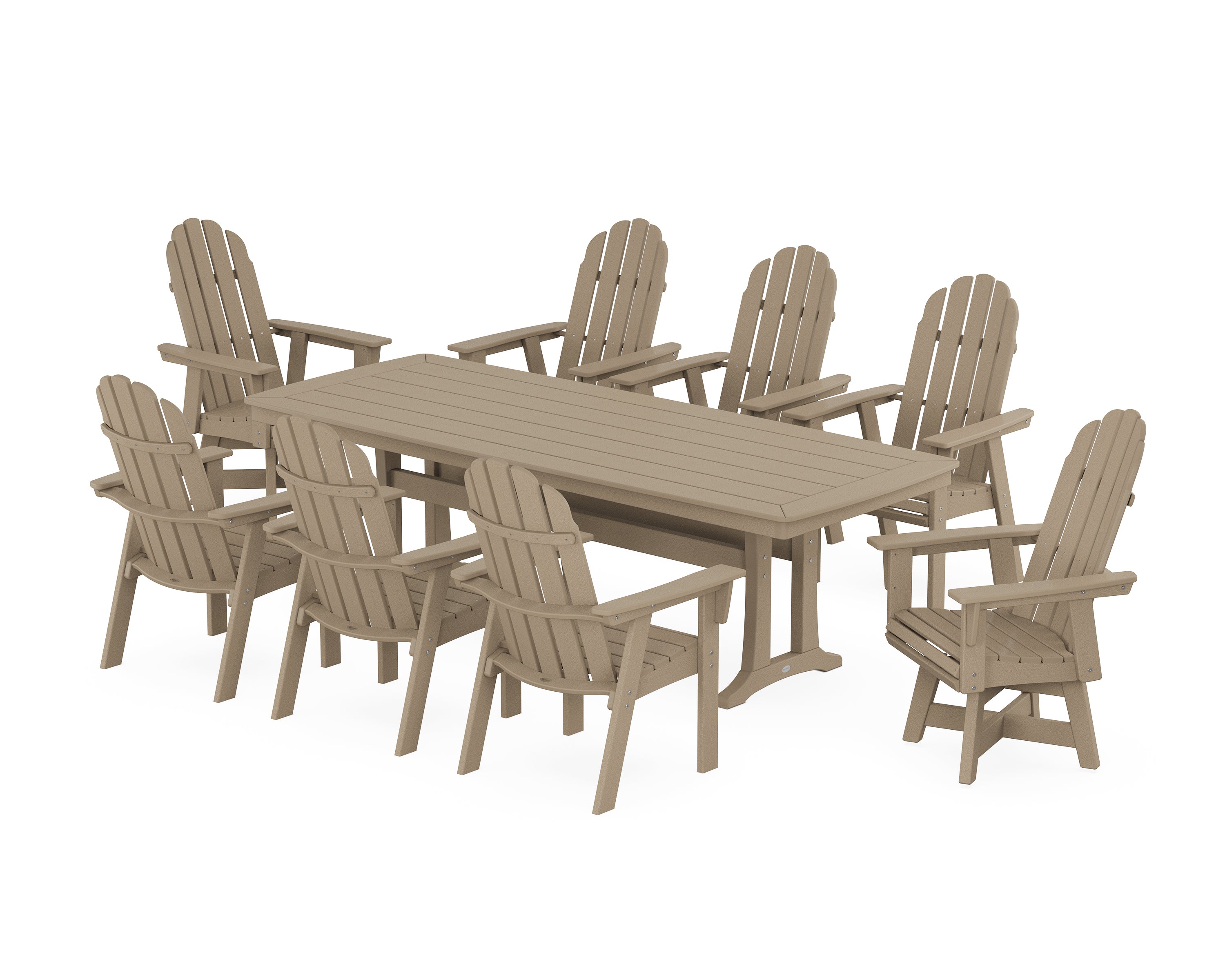 POLYWOOD® Vineyard Curveback Adirondack Swivel 9-Piece Dining Set with Trestle Legs in Vintage Sahara