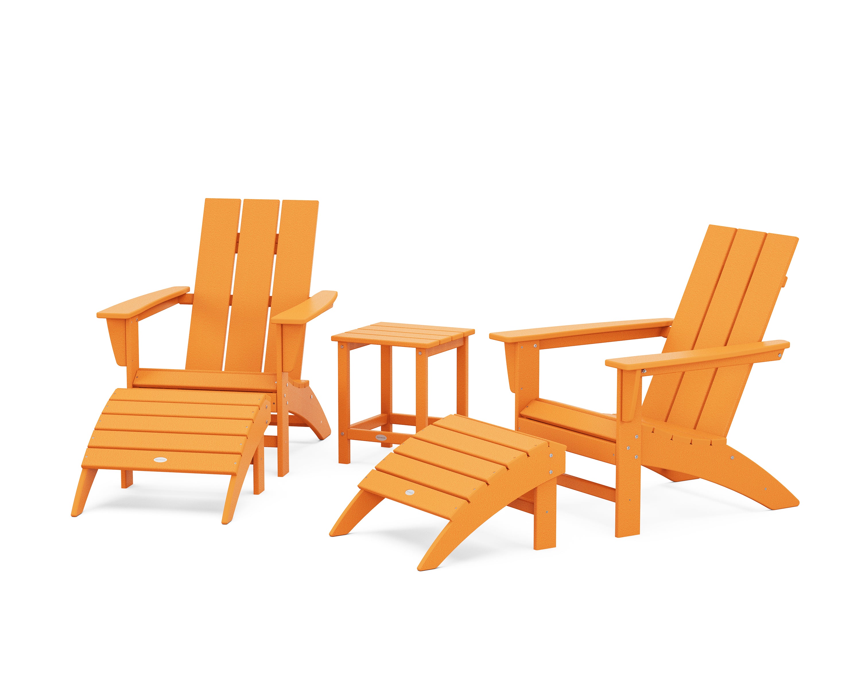 POLYWOOD Modern Adirondack Chair 5-Piece Set with Ottomans and 18" Side Table in Tangerine