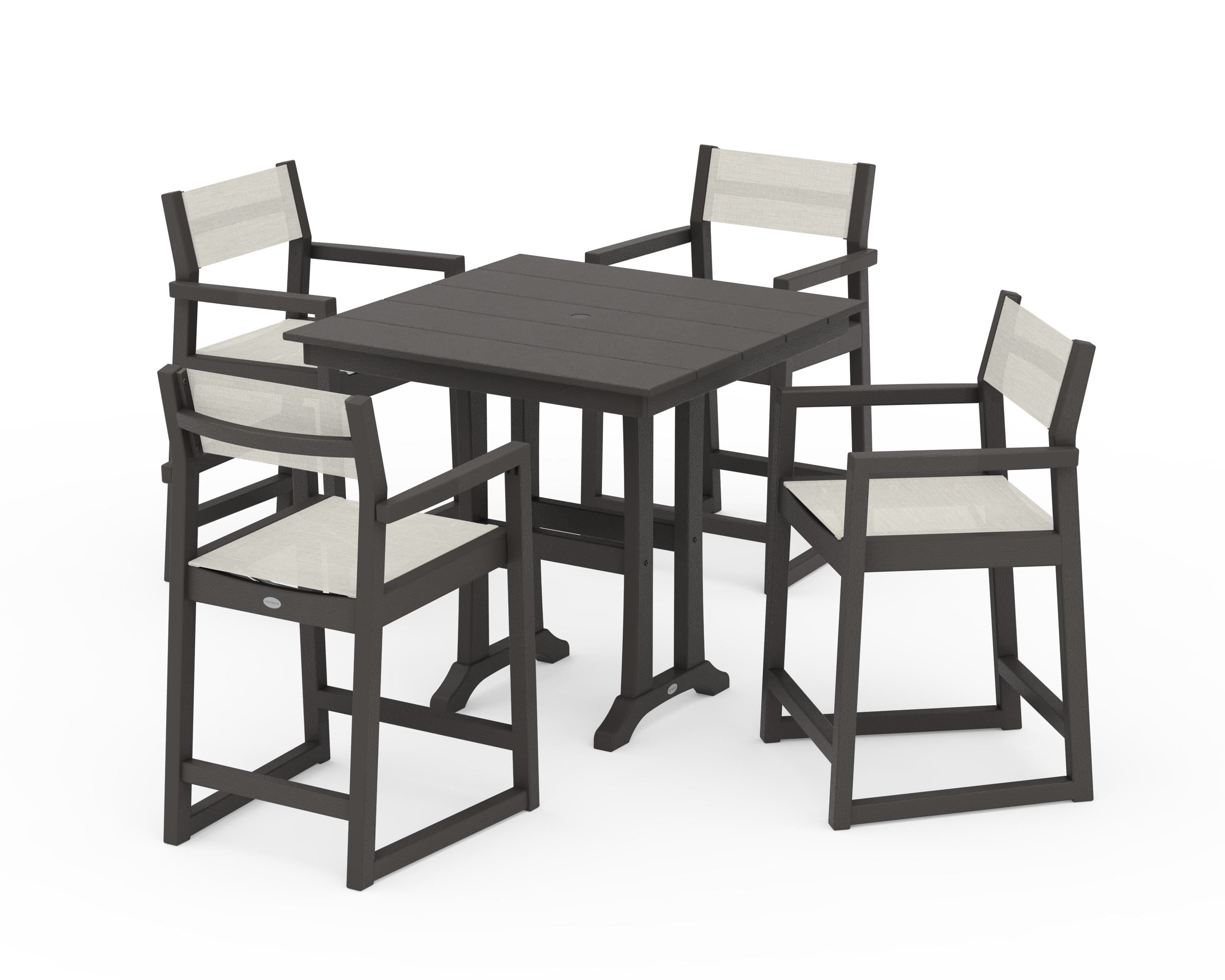 POLYWOOD EDGE Sling Arm Chair 5-Piece Farmhouse Counter Set with Trestle Legs in Vintage Coffee / Parchment Sling