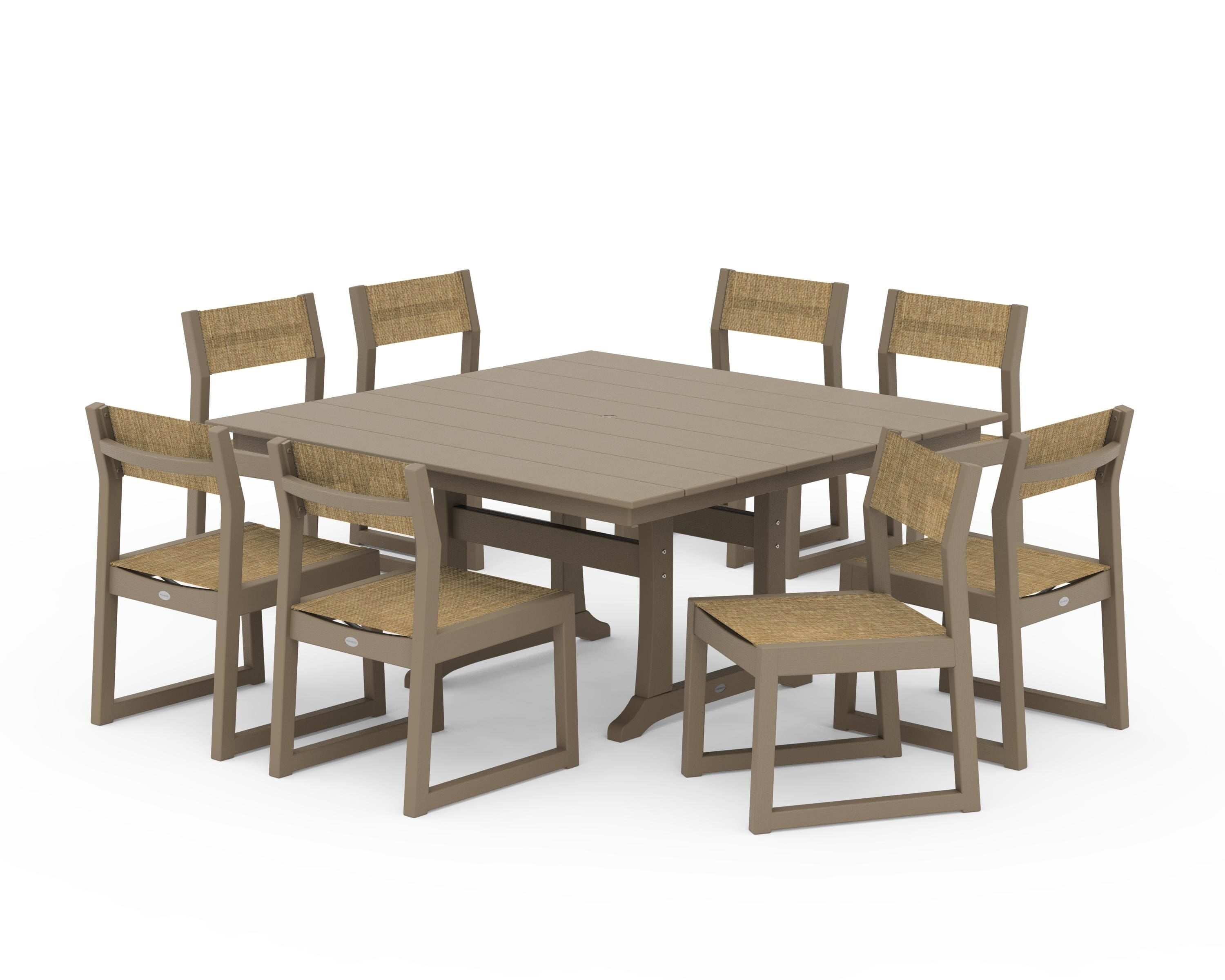 POLYWOOD EDGE Sling Side Chair 9-Piece Farmhouse Trestle Dining Set in Vintage Sahara / Burlap Sling