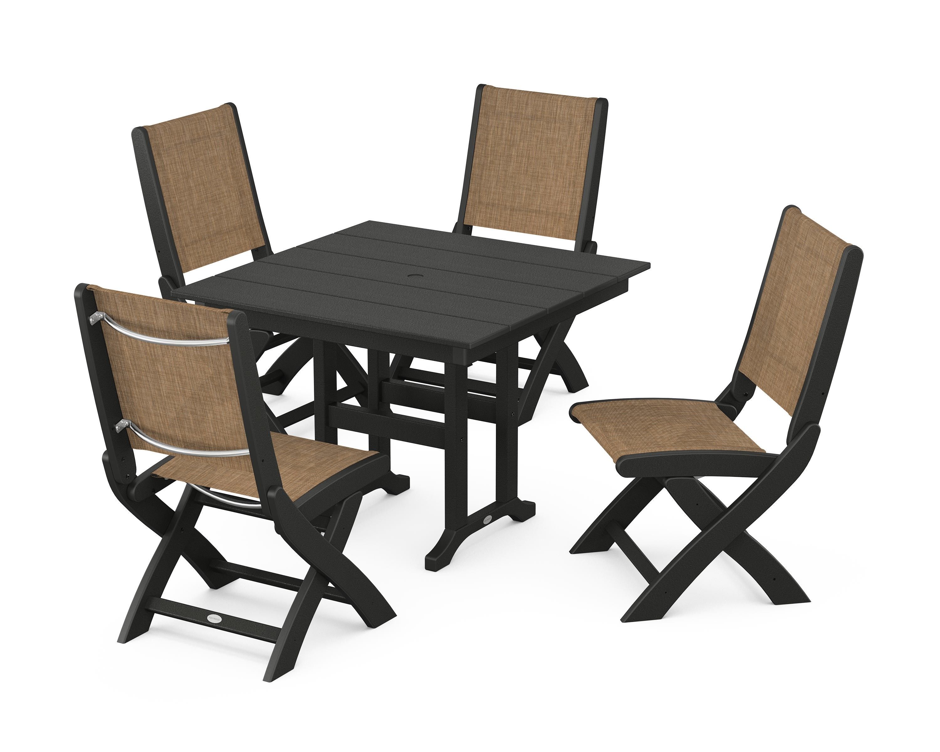 POLYWOOD Coastal Folding Side Chair 5-Piece Farmhouse Dining Set in Black / Burlap Sling
