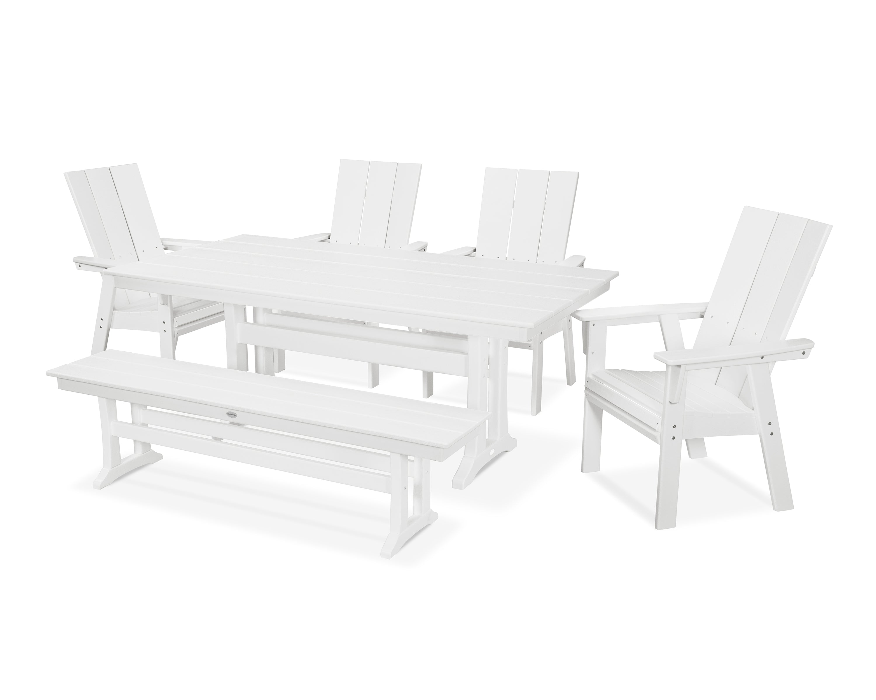 POLYWOOD® Modern Curveback Adirondack 6-Piece Farmhouse Dining Set with Trestle Legs and Bench in White