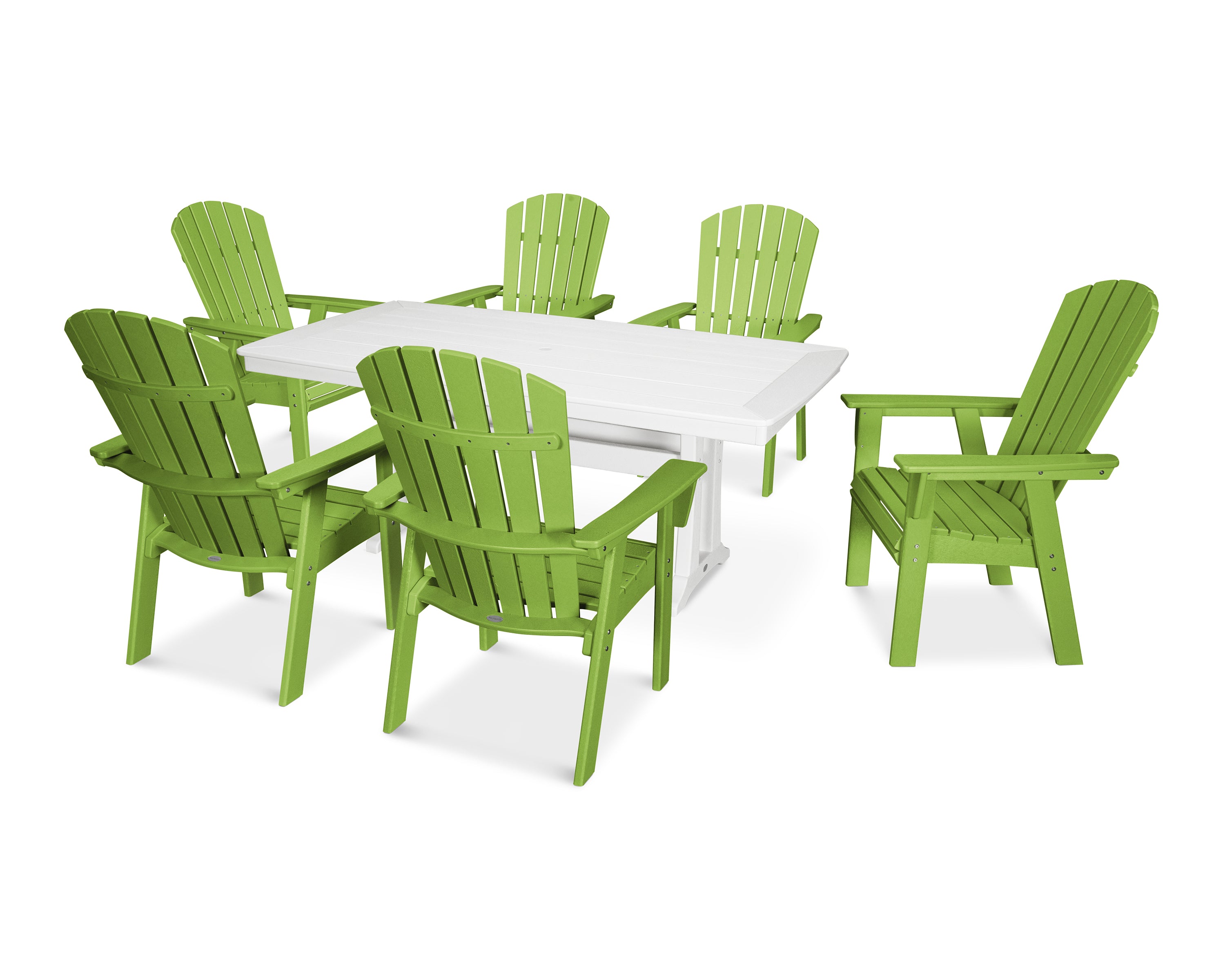 POLYWOOD Nautical Curveback Adirondack 7-Piece Dining Set with Trestle Legs in Lime / White