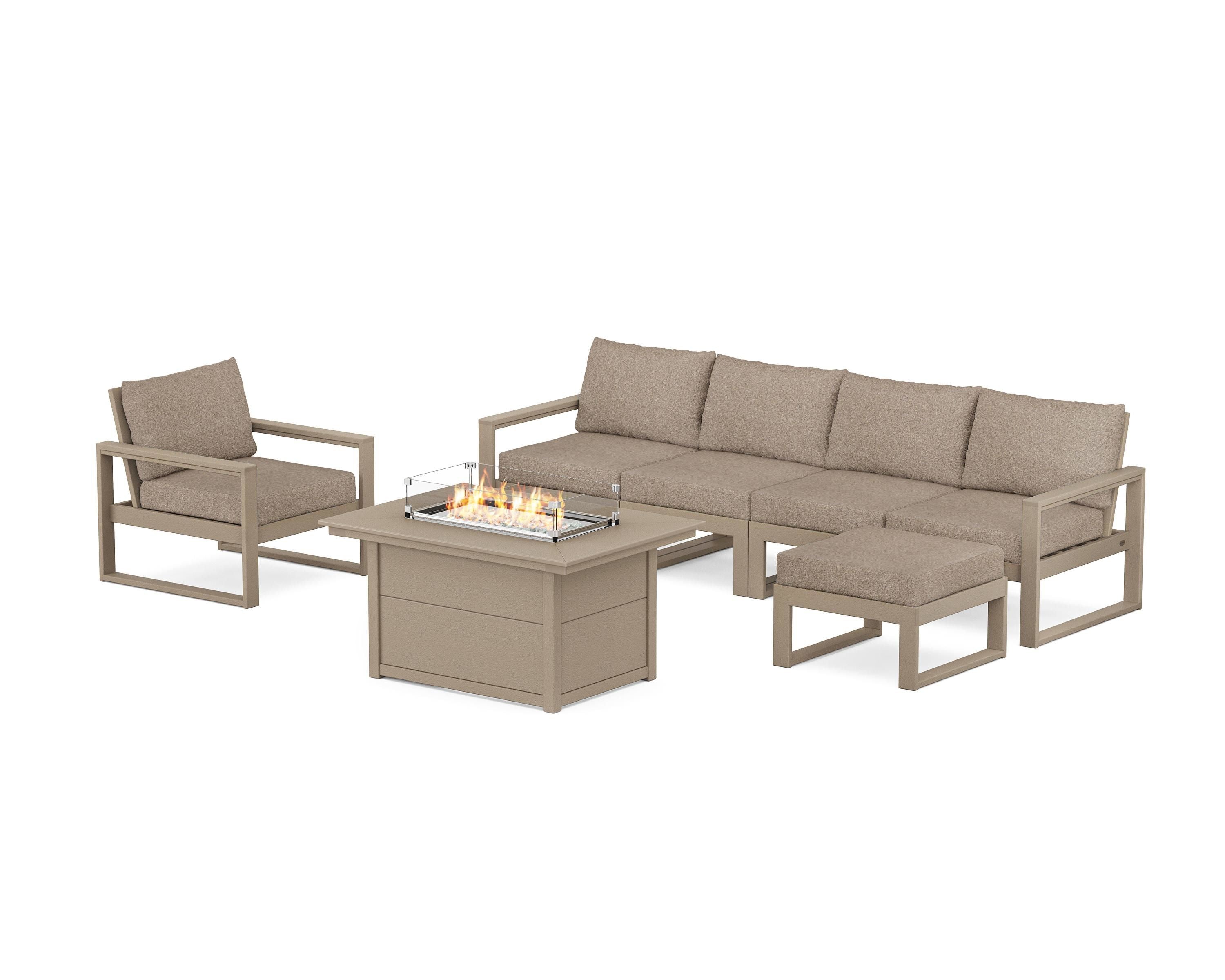 POLYWOOD EDGE Sectional Lounge and Fire Pit Set in Vintage Sahara / Spiced Burlap