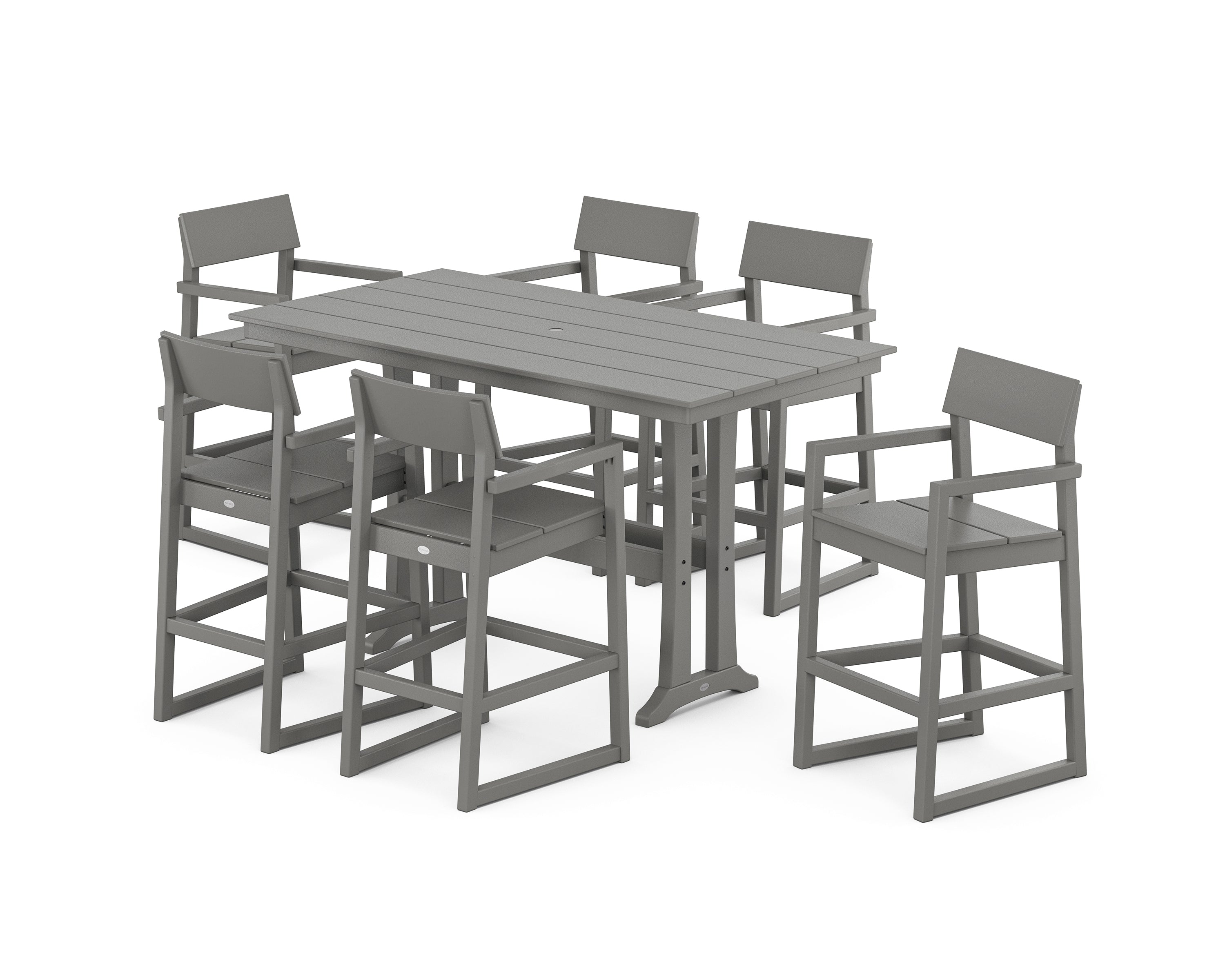 POLYWOOD EDGE Arm Chair 7-Piece Farmhouse Bar Set with Trestle Legs in Slate Grey