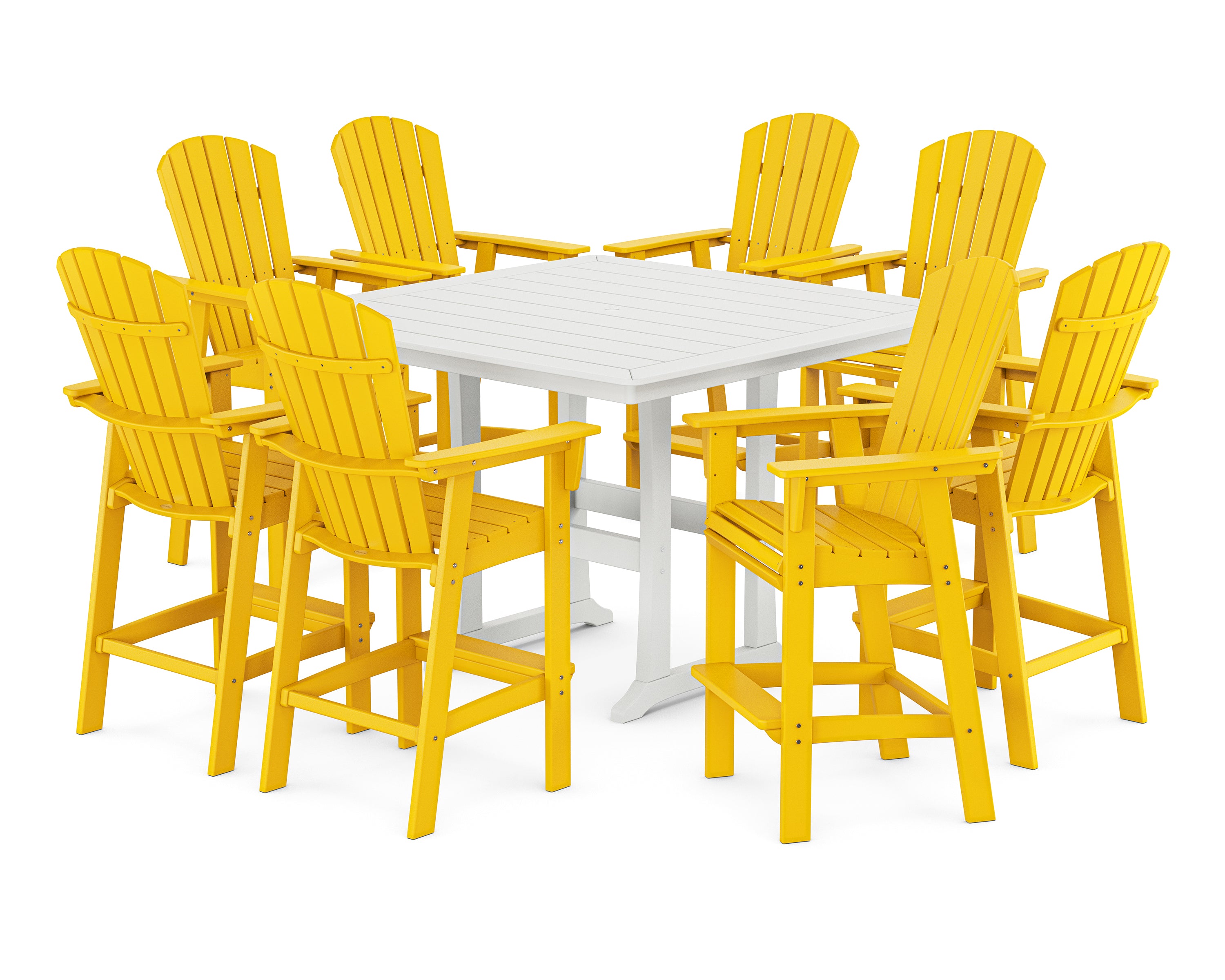 POLYWOOD® Nautical Curveback Adirondack 9-Piece Trestle Bar Set in Lemon / White