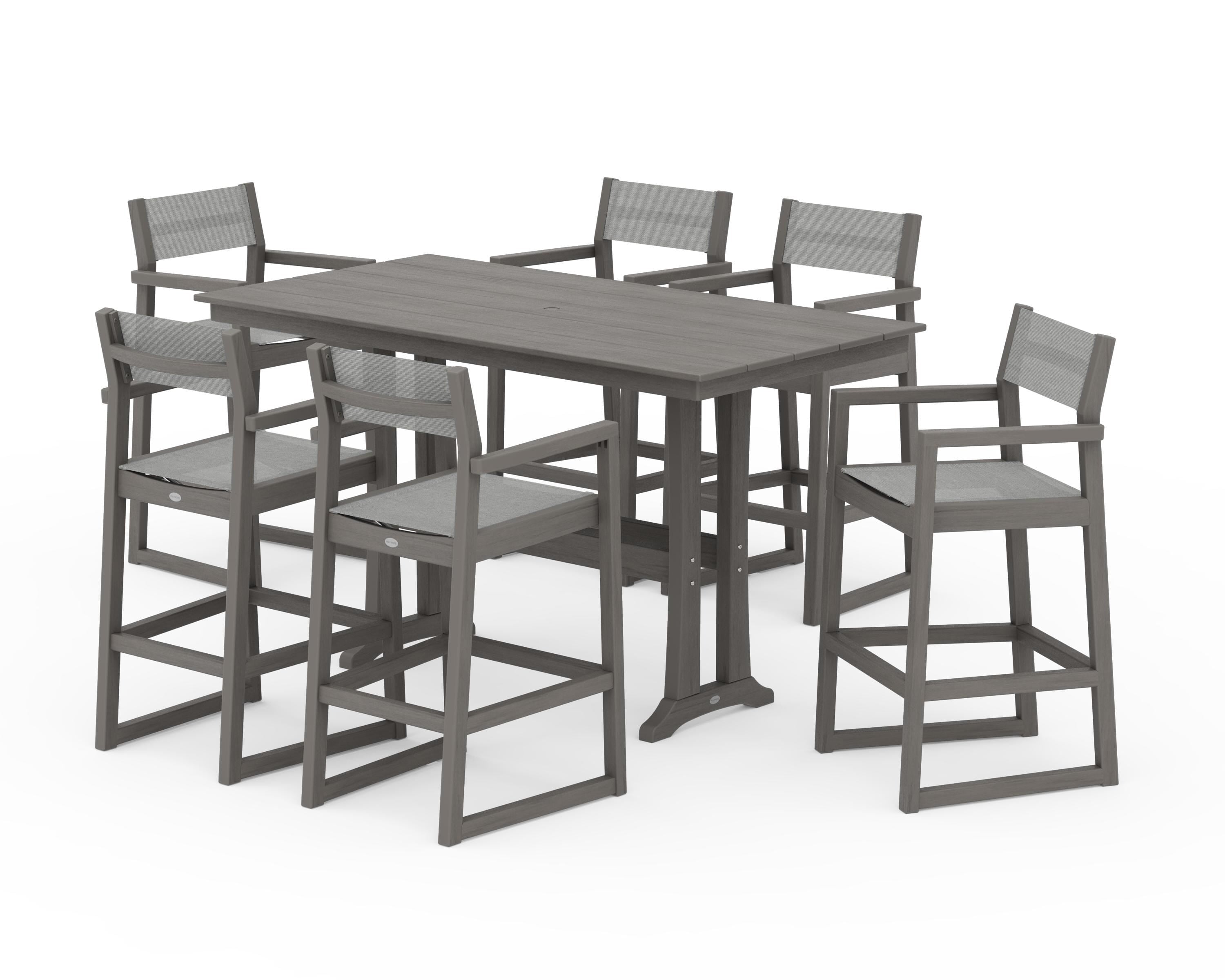 POLYWOOD EDGE Sling Arm Chair 7-Piece Farmhouse Bar Set with Trestle Legs in Driftwood / Metallic Sling
