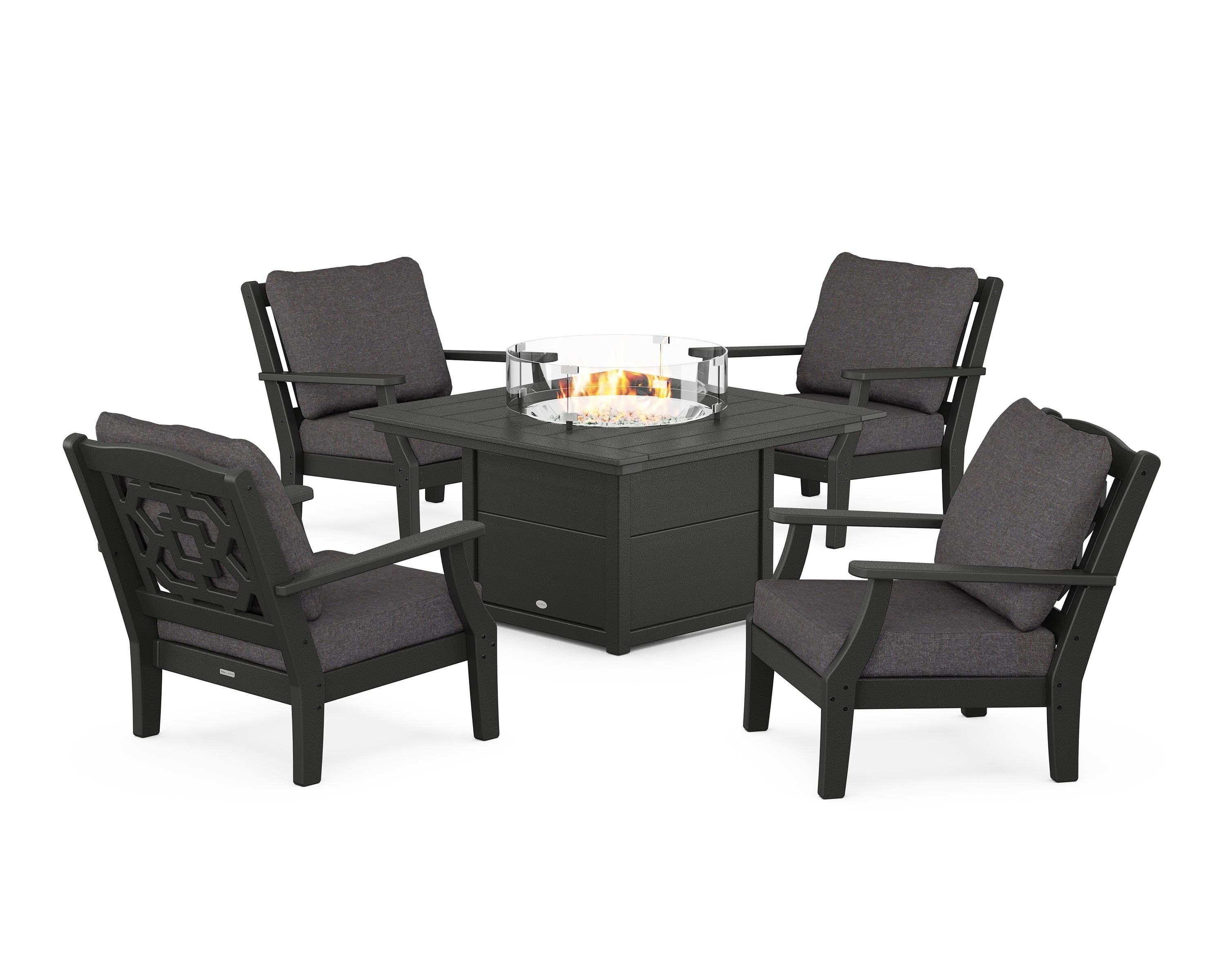 Martha Stewart by POLYWOOD Chinoiserie 5-Piece Deep Seating Set with Fire Pit Table in Black / Ash Charcoal