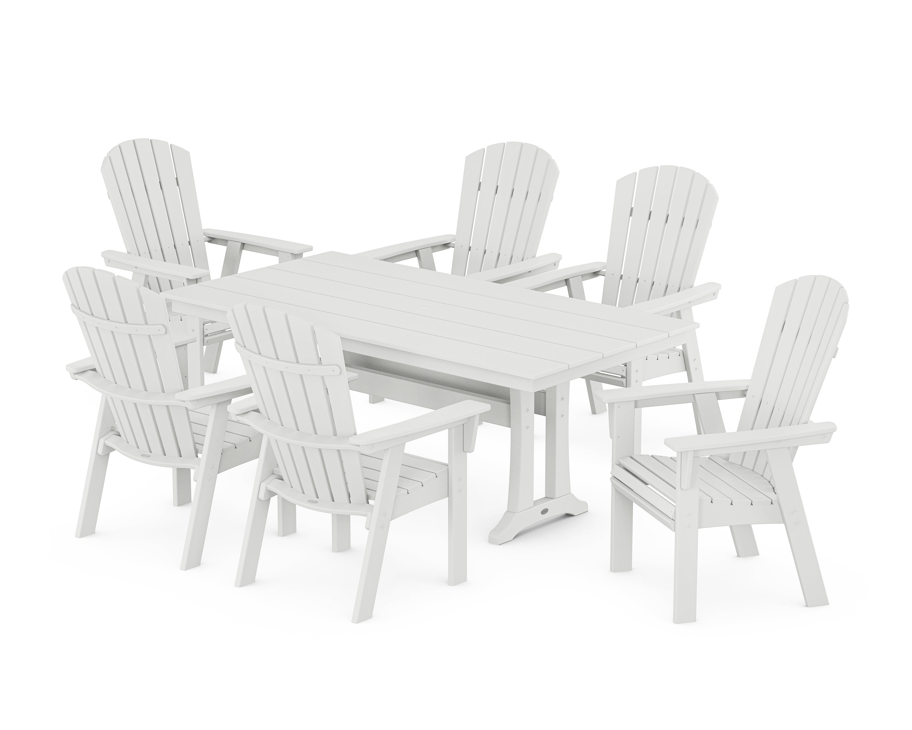 POLYWOOD Nautical Curveback Adirondack 7-Piece Farmhouse Dining Set with Trestle Legs in White