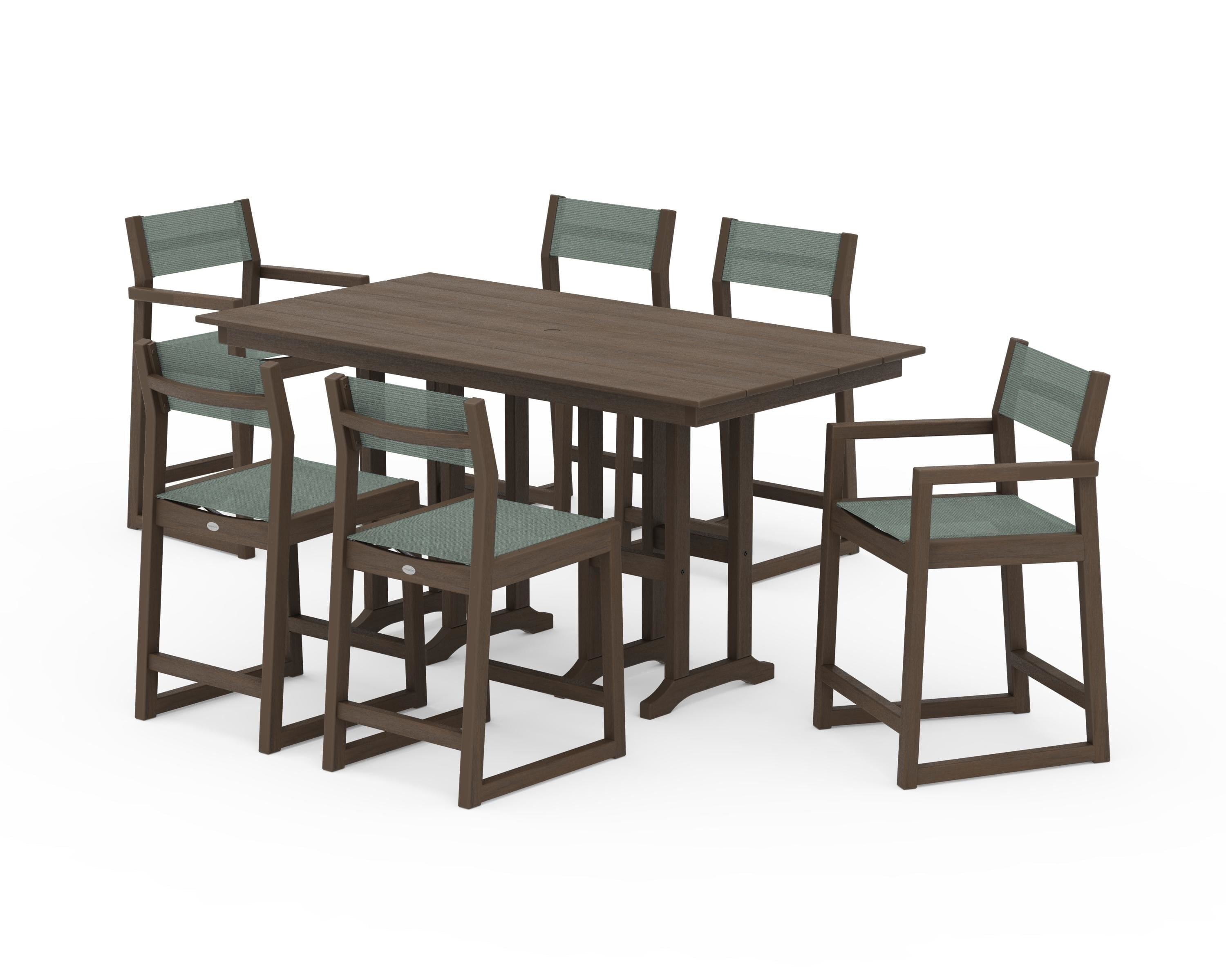 POLYWOOD EDGE Sling 7-Piece Farmhouse Counter Set in Kona / Dupioni Sea Mist Sling