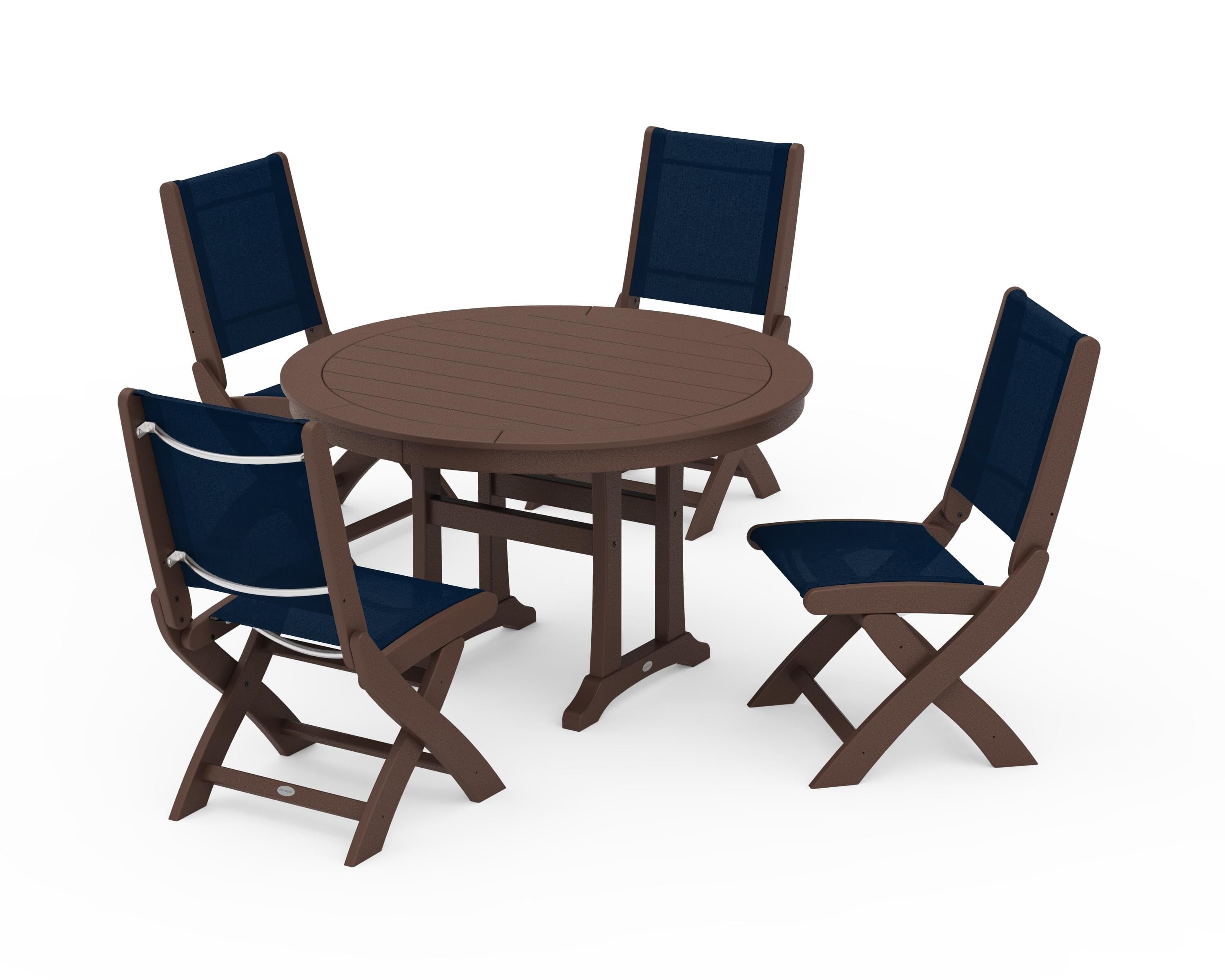 POLYWOOD Coastal Folding Side Chair 5-Piece Round Dining Set With Trestle Legs in Mahogany / Navy Blue Sling