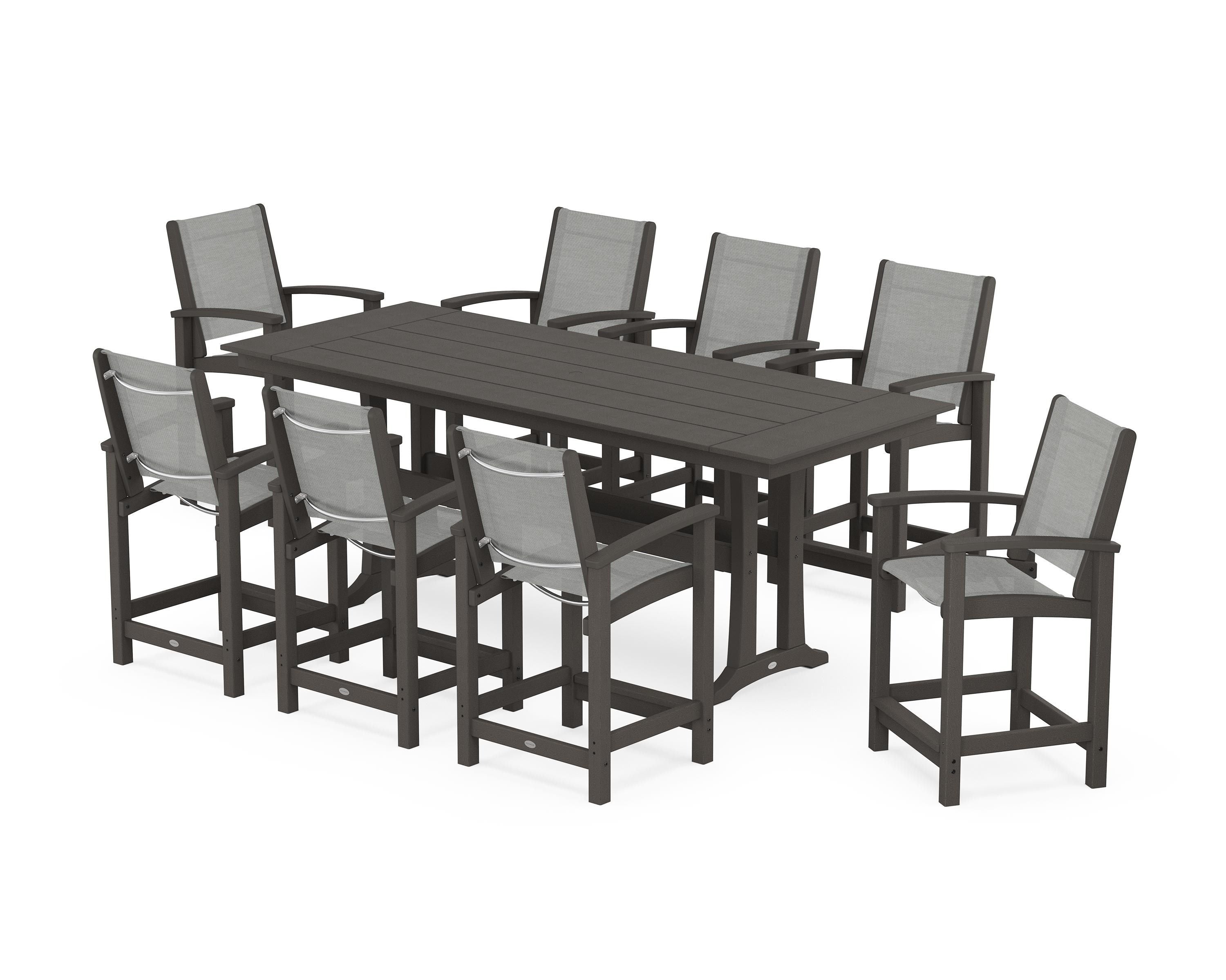 POLYWOOD Coastal 9-Piece Farmhouse Counter Set with Trestle Legs in Vintage Coffee / Metallic Sling
