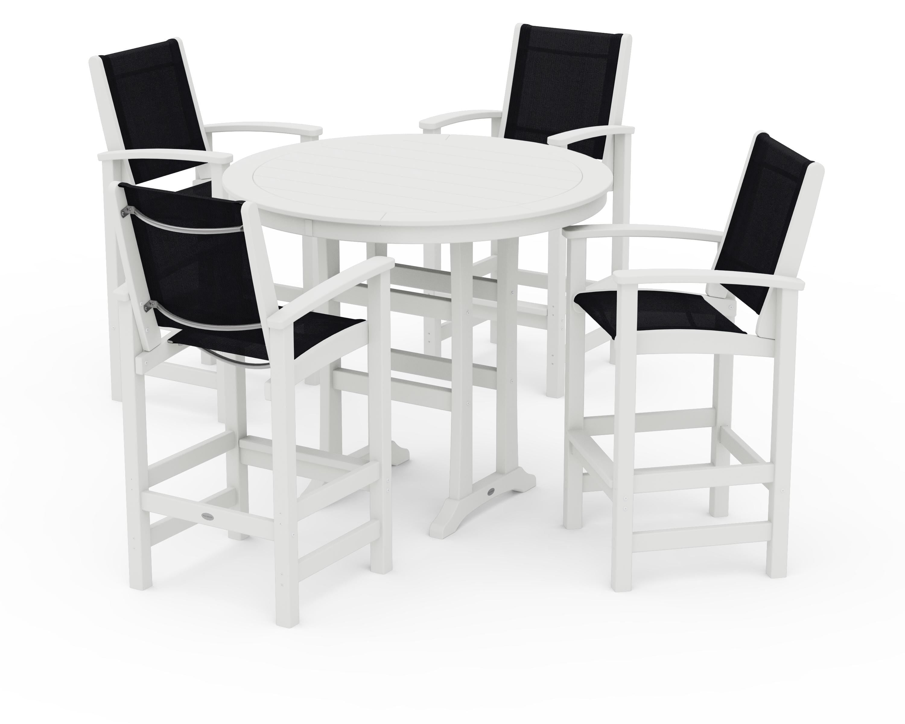 POLYWOOD Coastal 5-Piece Nautical Trestle Bar Set in Vintage White / Black Sling
