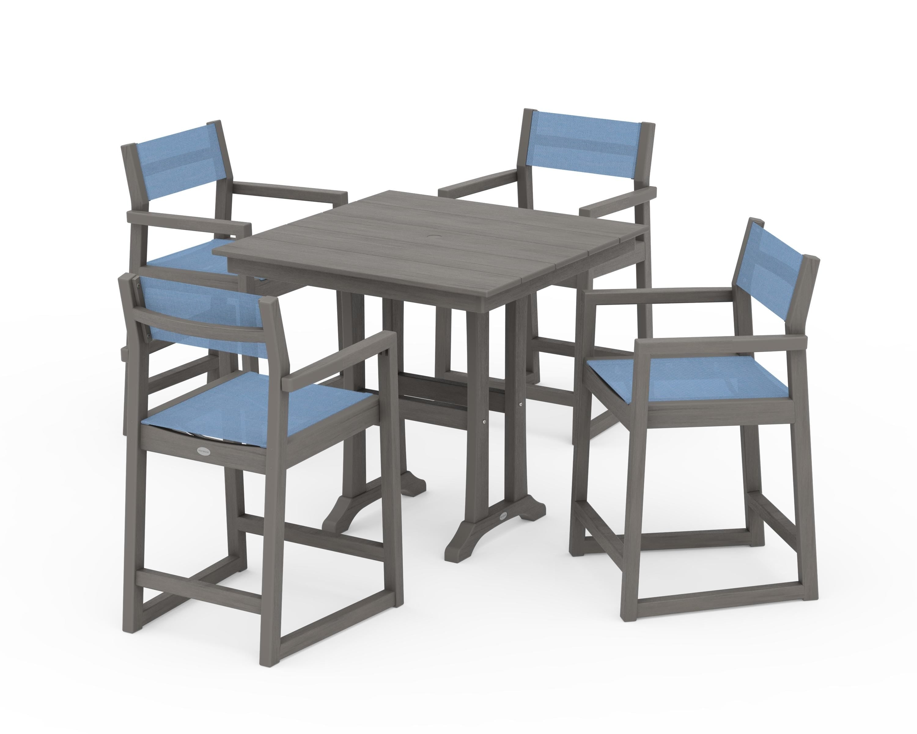 POLYWOOD EDGE Sling Arm Chair 5-Piece Farmhouse Counter Set with Trestle Legs in Driftwood / Poolside Sling