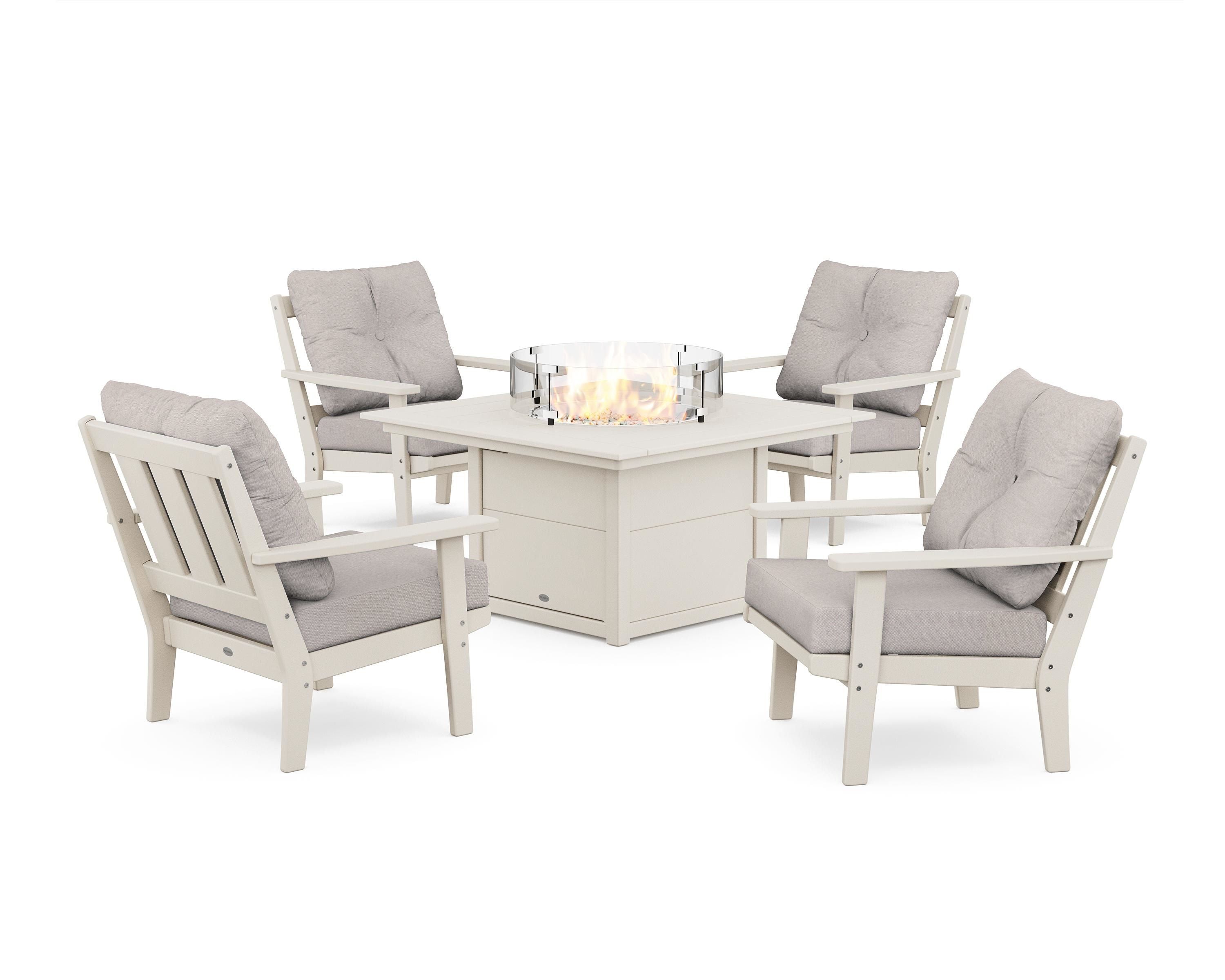 POLYWOOD Oxford 5-Piece Deep Seating Set with Fire Pit Table in Sand / Dune Burlap