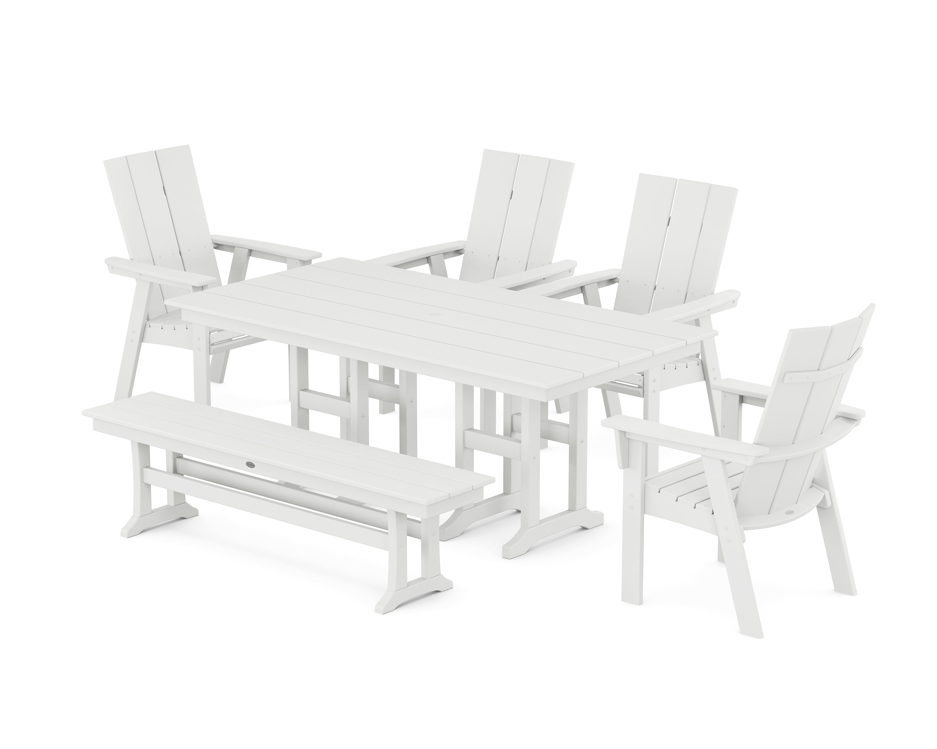 POLYWOOD Modern Curveback Adirondack 6-Piece Farmhouse Dining Set with Bench in White