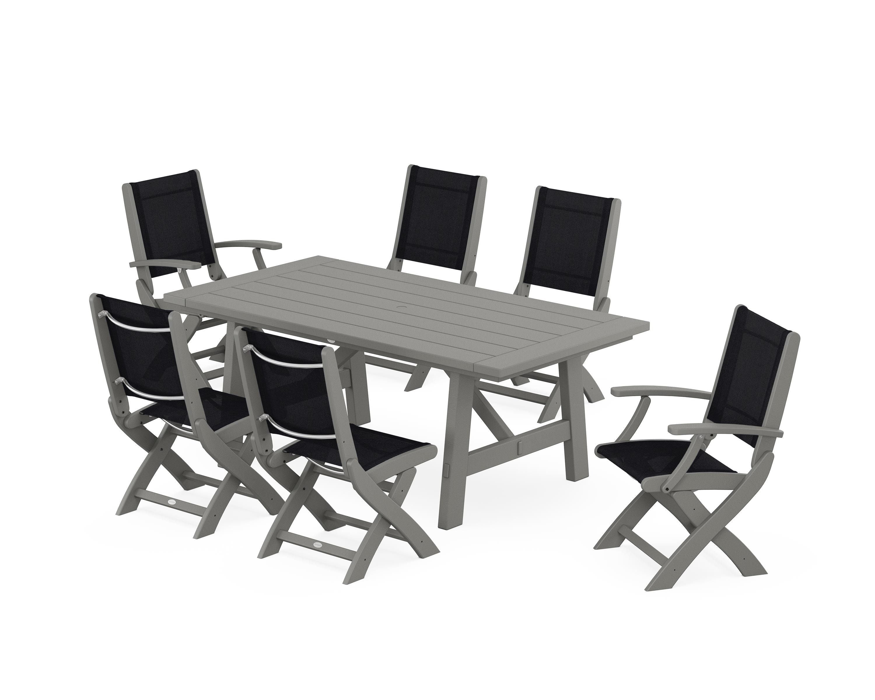 POLYWOOD Coastal Folding Chair 7-Piece Rustic Farmhouse Dining Set in Slate Grey / Black Sling