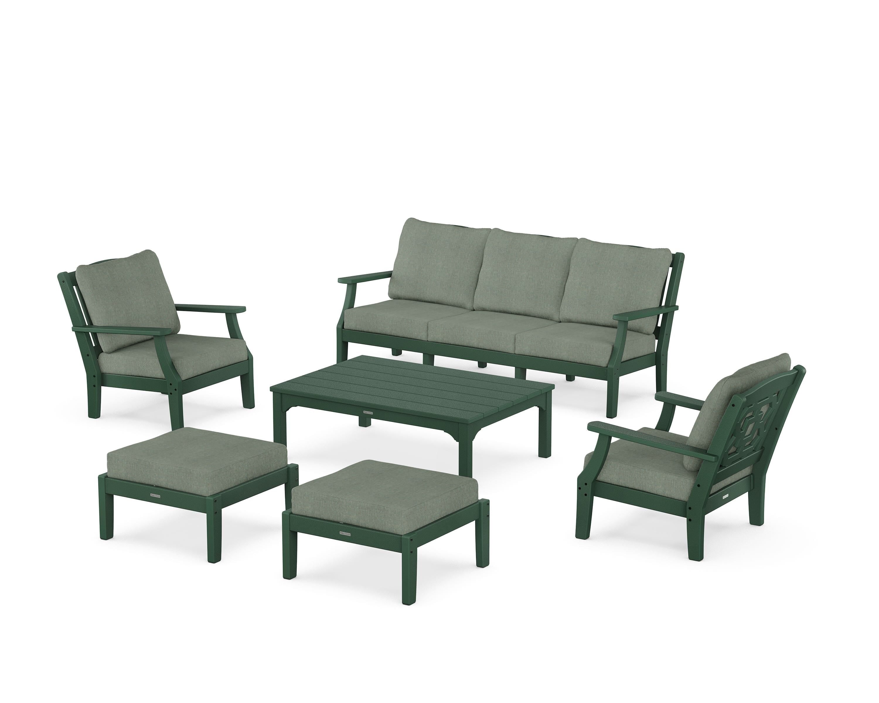 Martha Stewart by POLYWOOD Chinoiserie 6-Piece Lounge Sofa Set in Green / Cast Sage