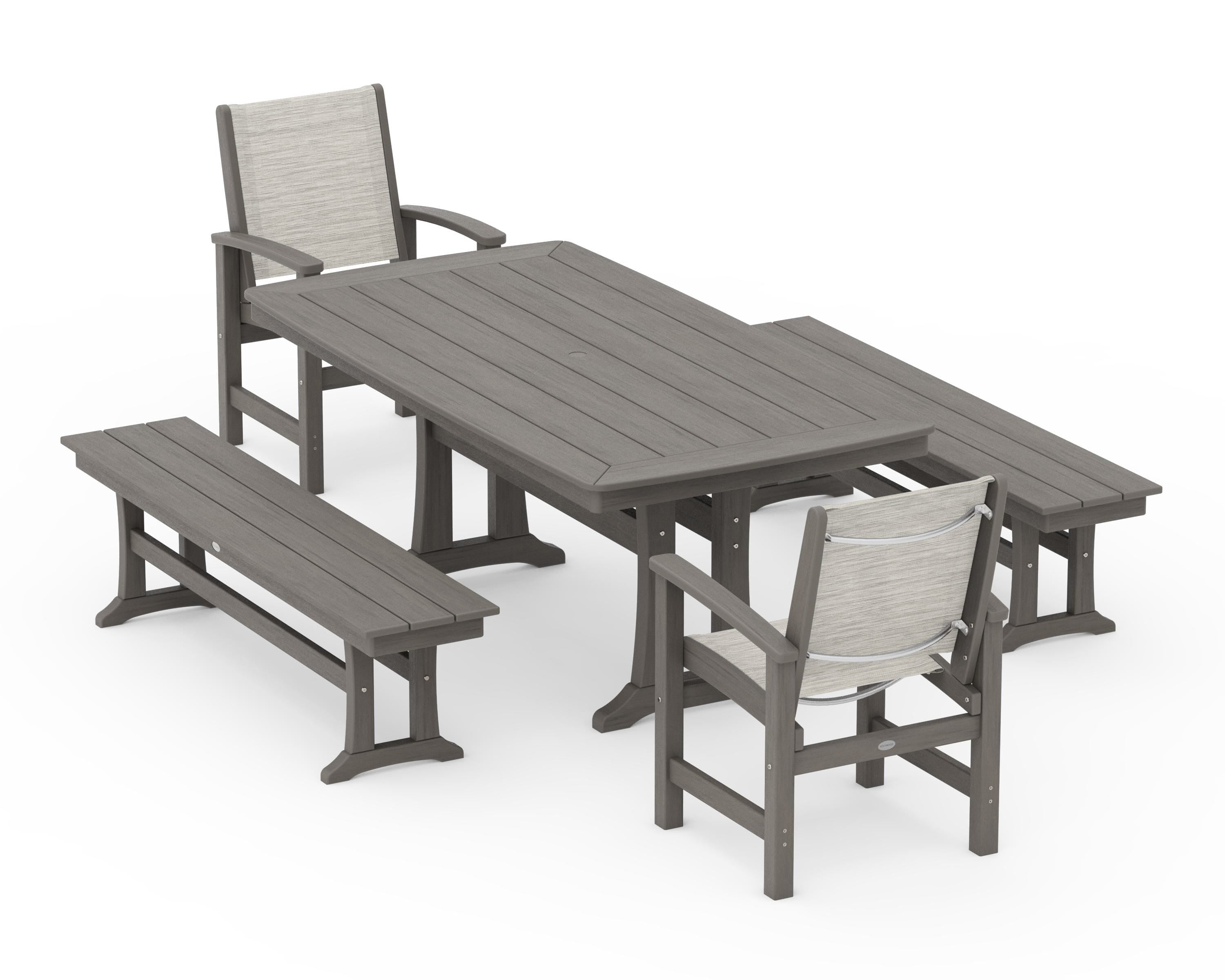 POLYWOOD Coastal 5-Piece Dining Set with Trestle Legs and Benches in Driftwood / Birch Sling