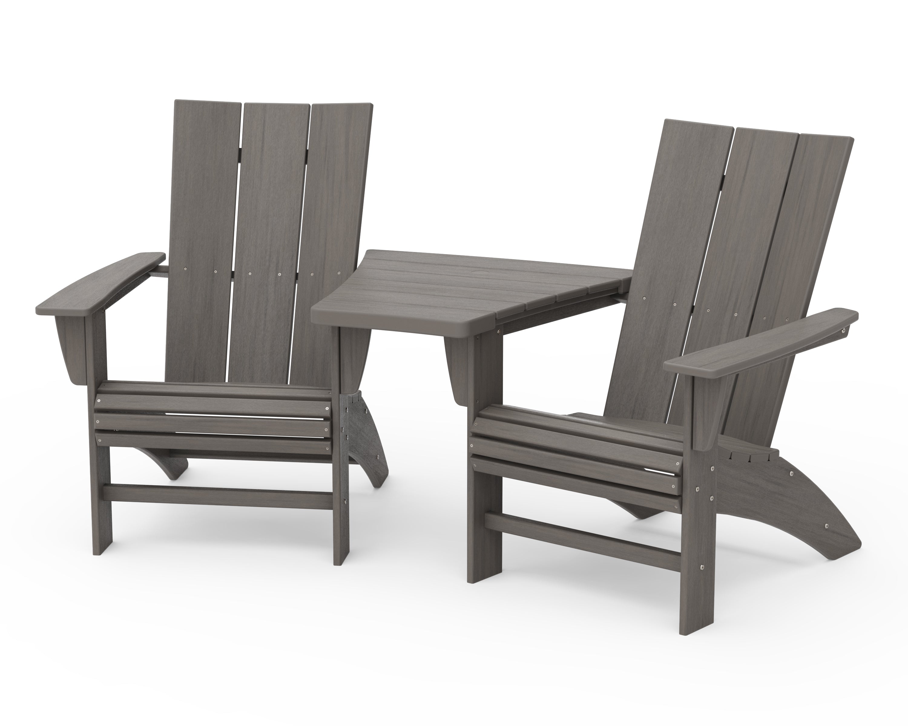 POLYWOOD Modern 3-Piece Curveback Adirondack Set with Angled Connecting Table in Driftwood