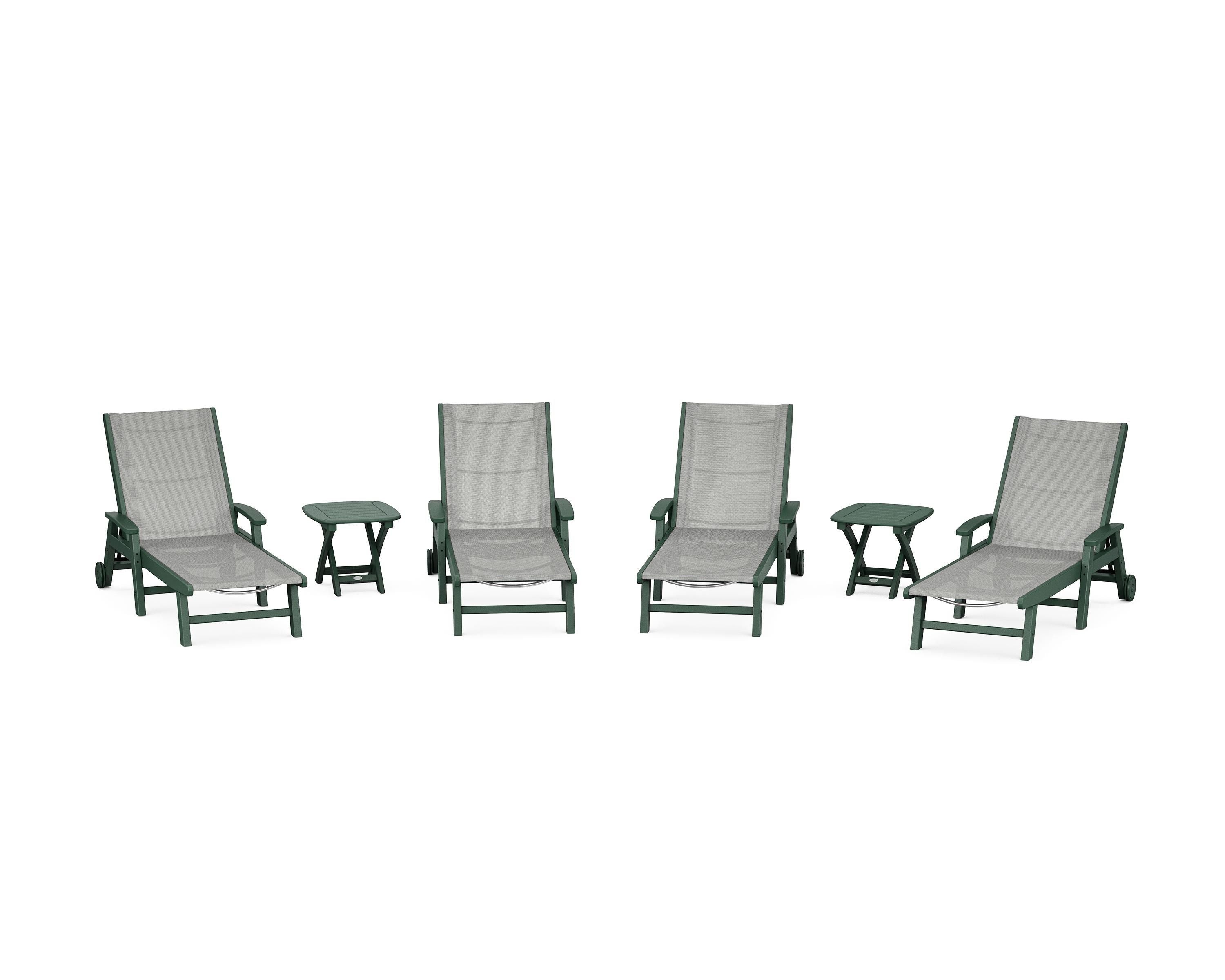 POLYWOOD Coastal Chaise 6-Piece Set with Wheels in Green / Metallic Sling