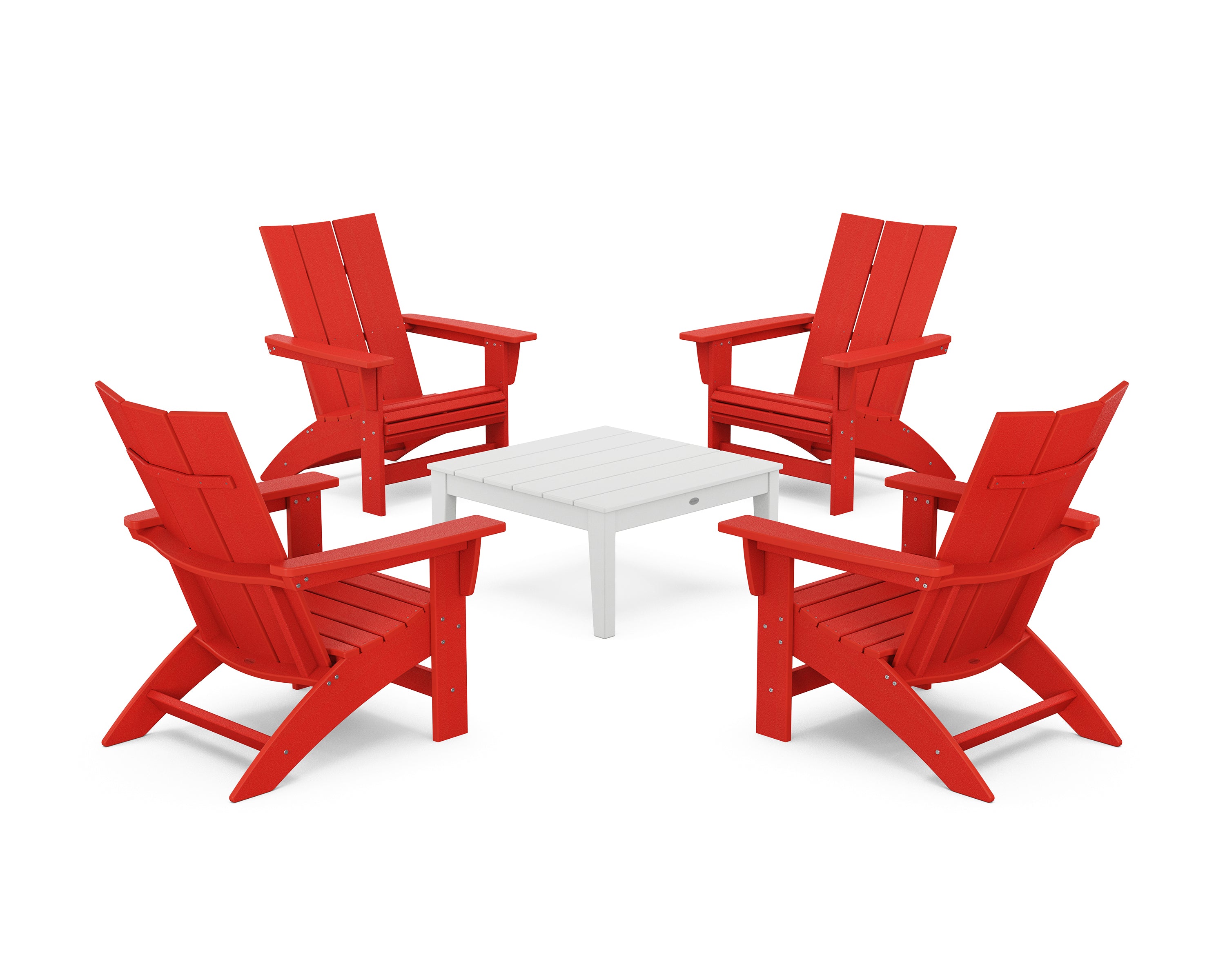 POLYWOOD 5-Piece Modern Grand Adirondack Chair Conversation Group in Sunset Red / White