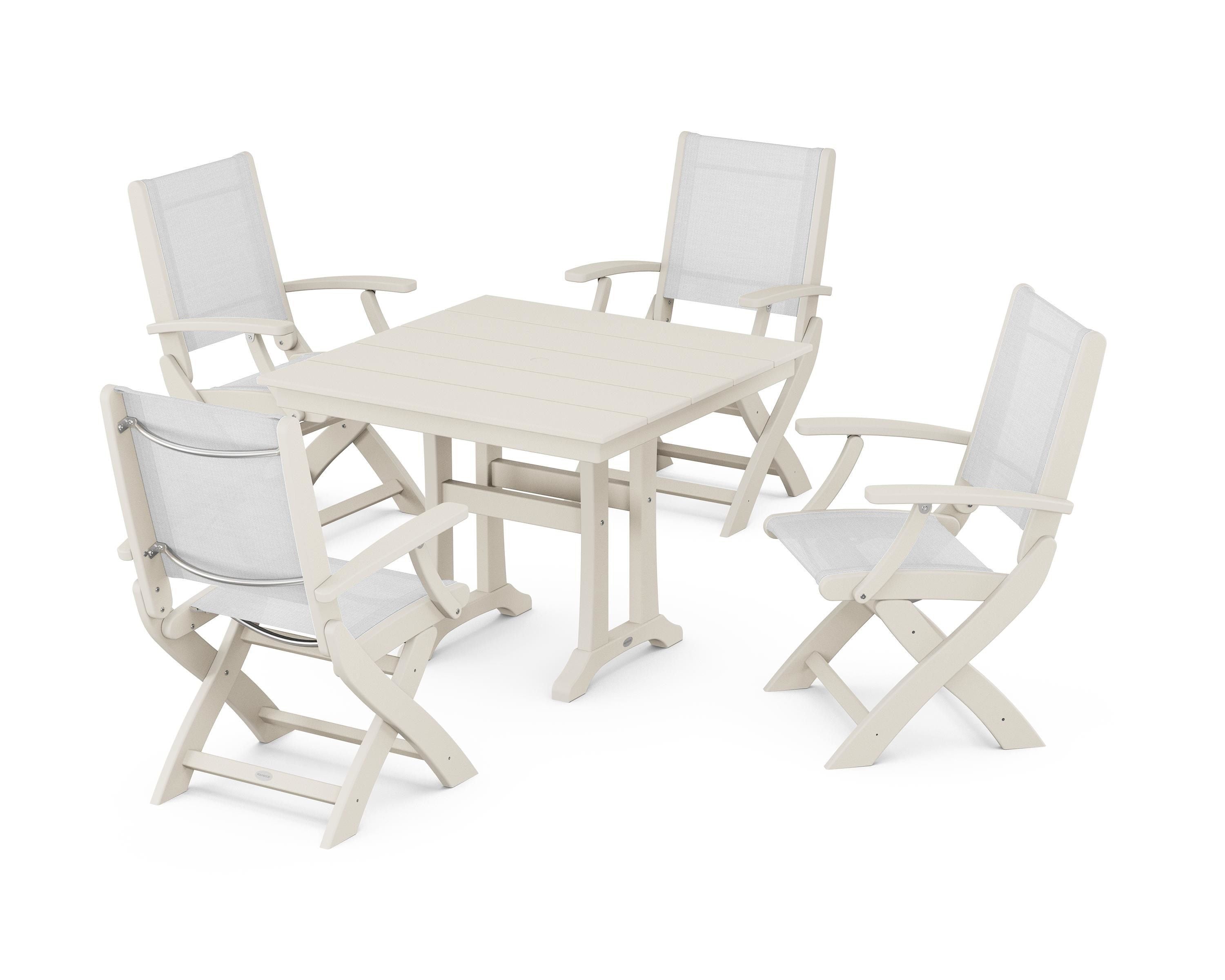 POLYWOOD Coastal Folding Chair 5-Piece Farmhouse Dining Set With Trestle Legs in Sand / White Sling