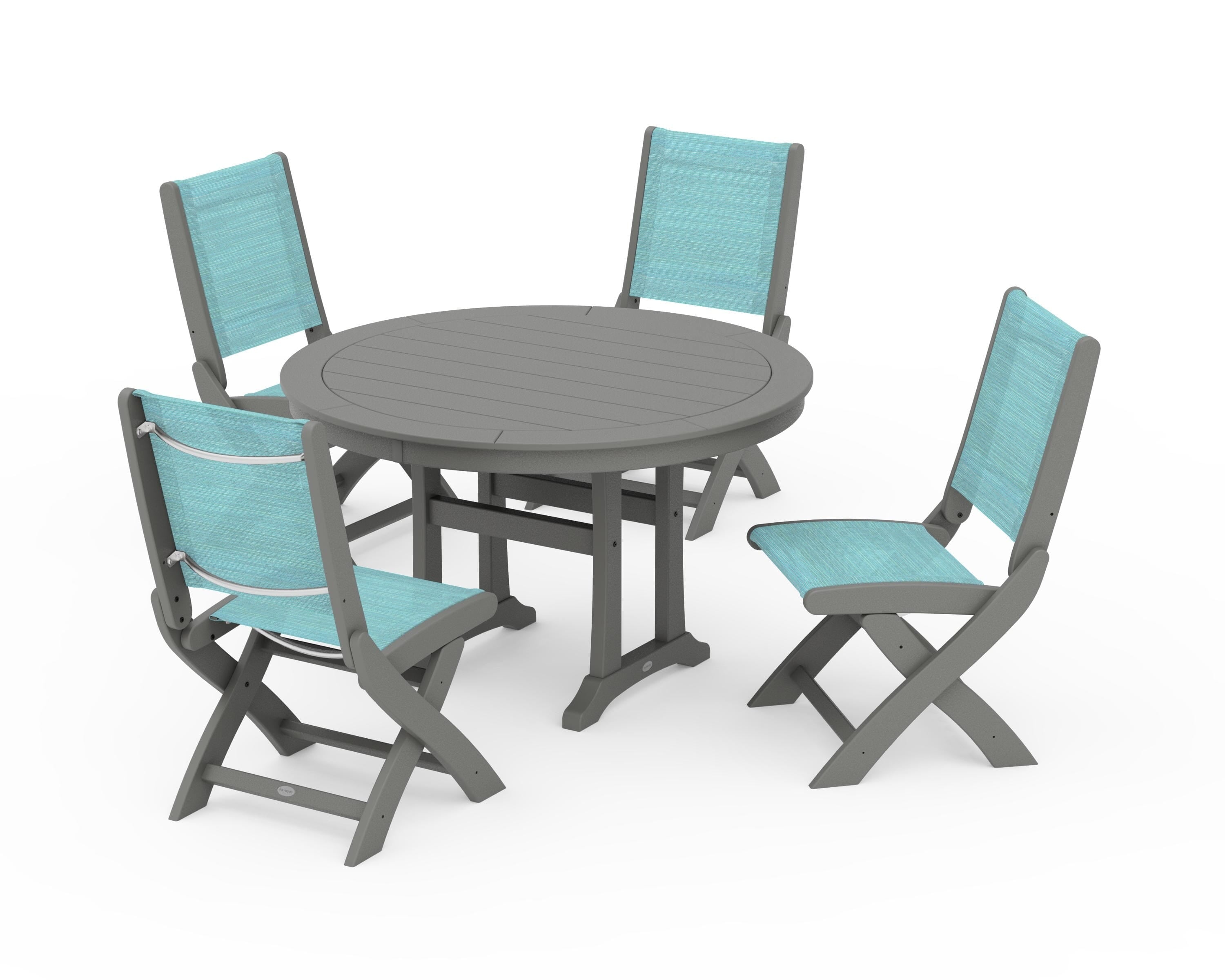 POLYWOOD Coastal Folding Side Chair 5-Piece Round Dining Set With Trestle Legs in Slate Grey / Dupioni Aquamarine Sling