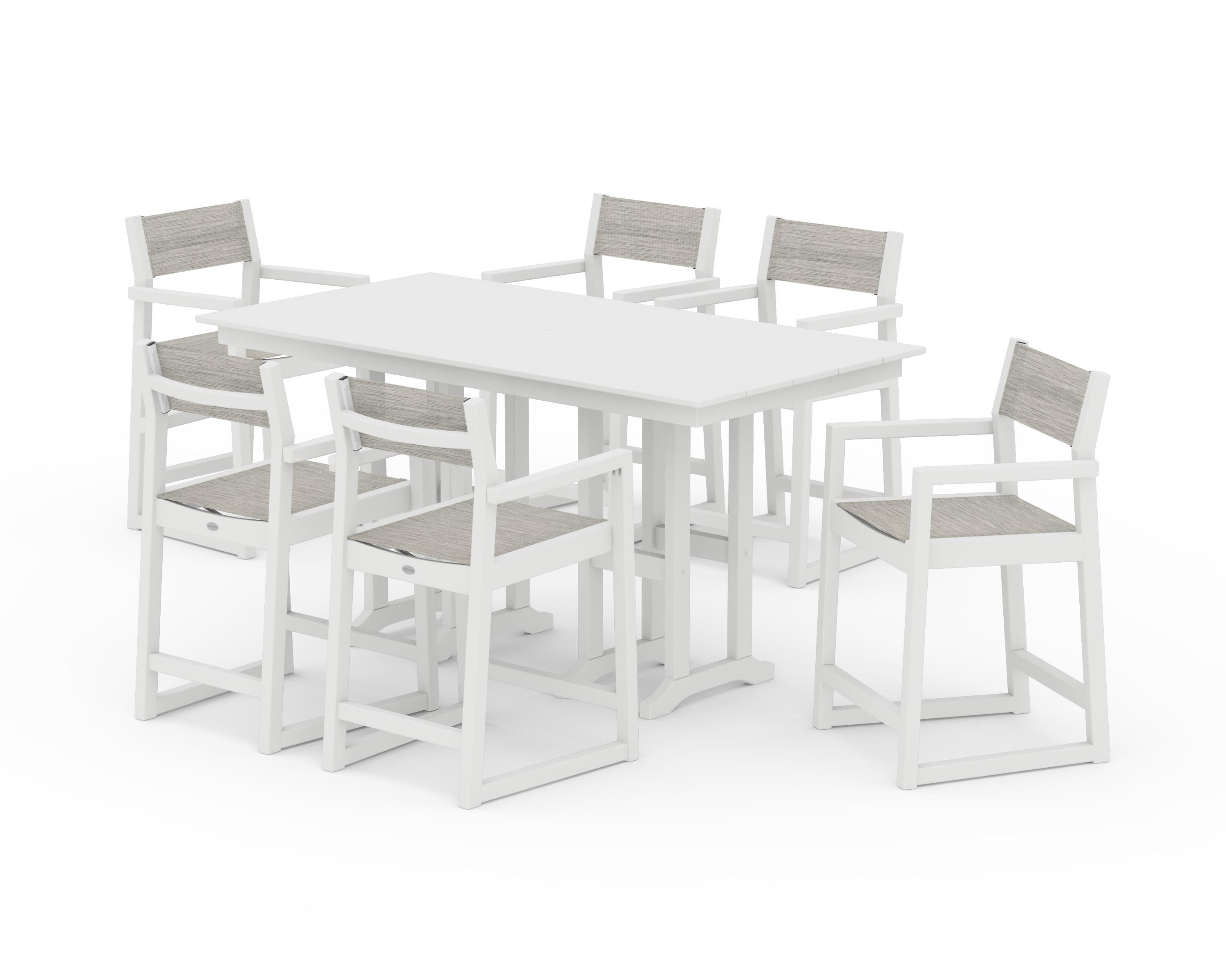 POLYWOOD EDGE Sling Arm Chair 7-Piece Farmhouse Counter Set in White / Birch Sling