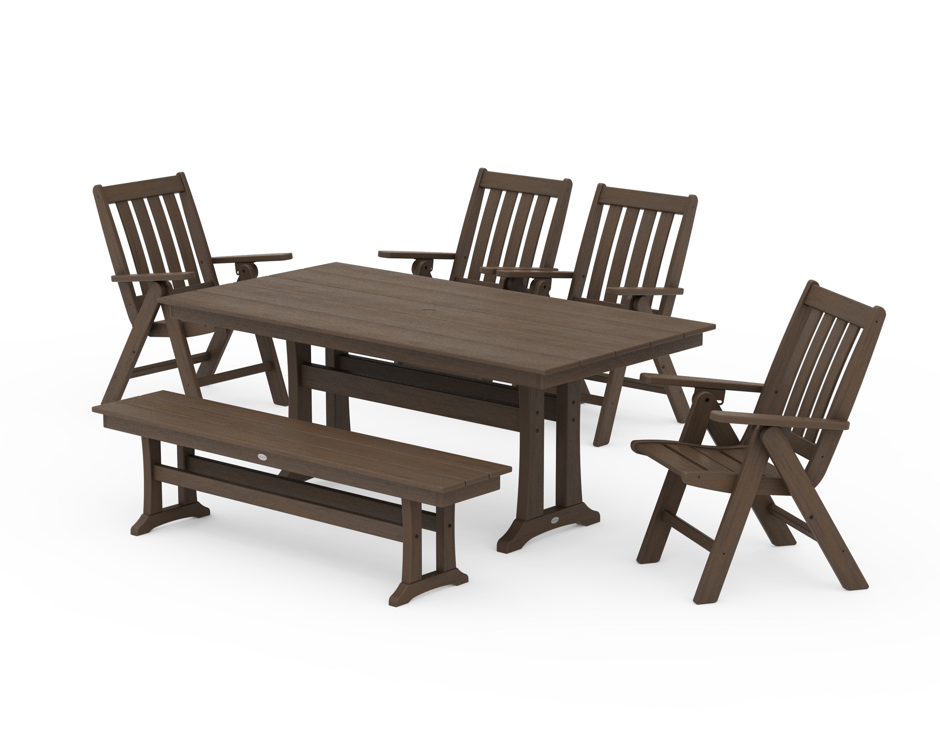 POLYWOOD Vineyard 6-Piece Folding Chair Farmhouse Dining Set with Trestle Legs and Bench in Kona