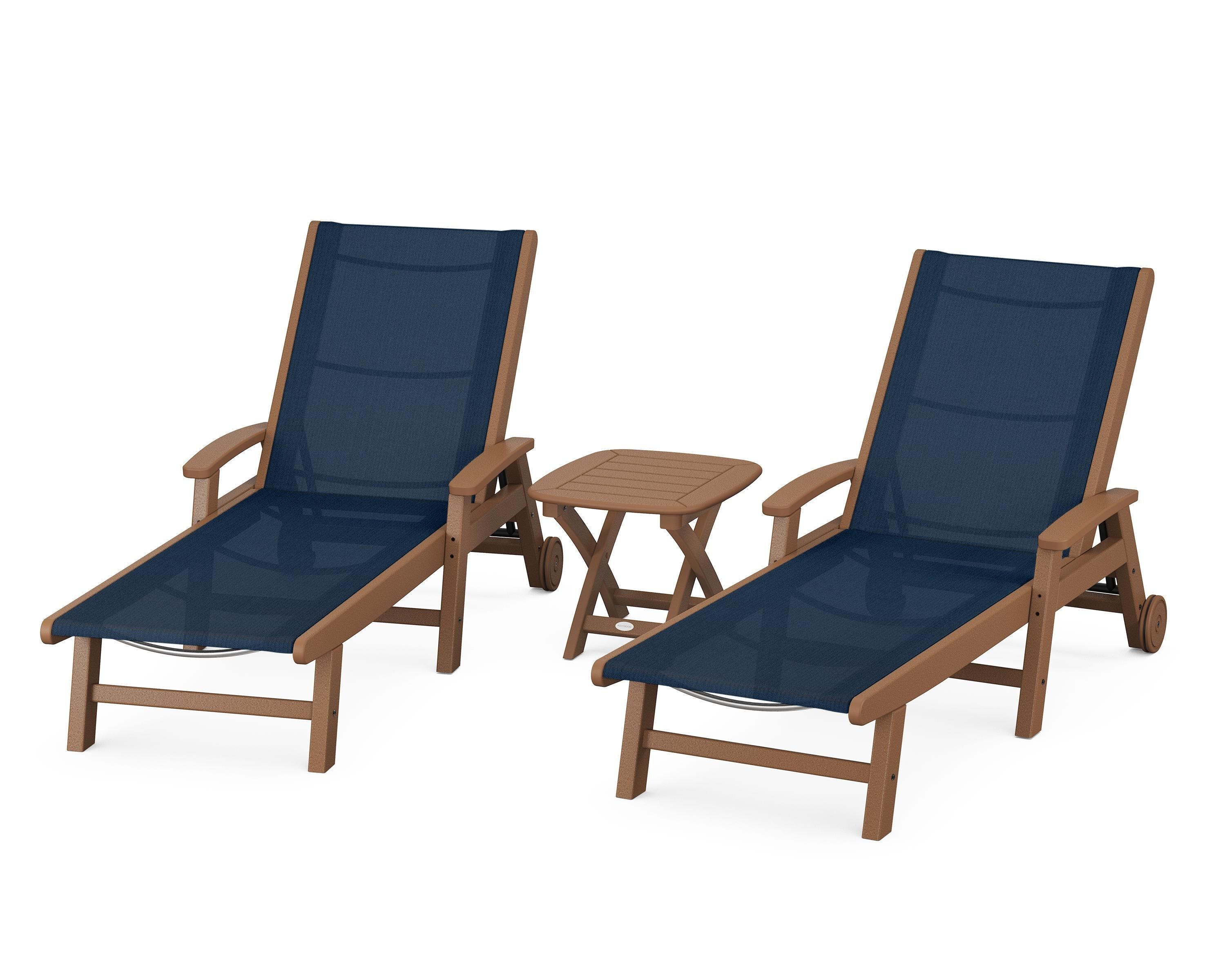 POLYWOOD Coastal 3-Piece Wheeled Chaise Set in Teak / Navy Blue Sling