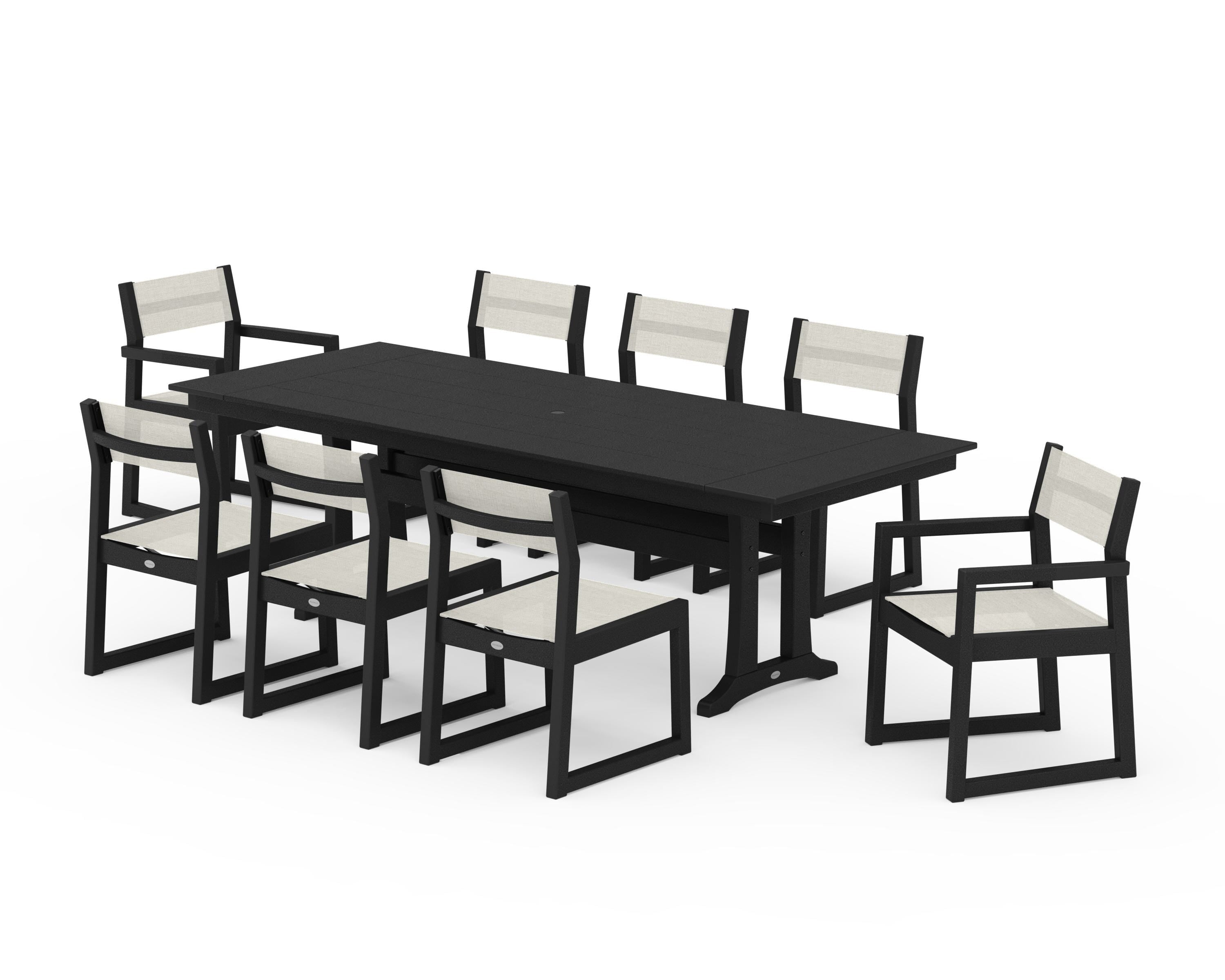 POLYWOOD EDGE Sling 9-Piece Farmhouse Trestle Dining Set in Black / Parchment Sling