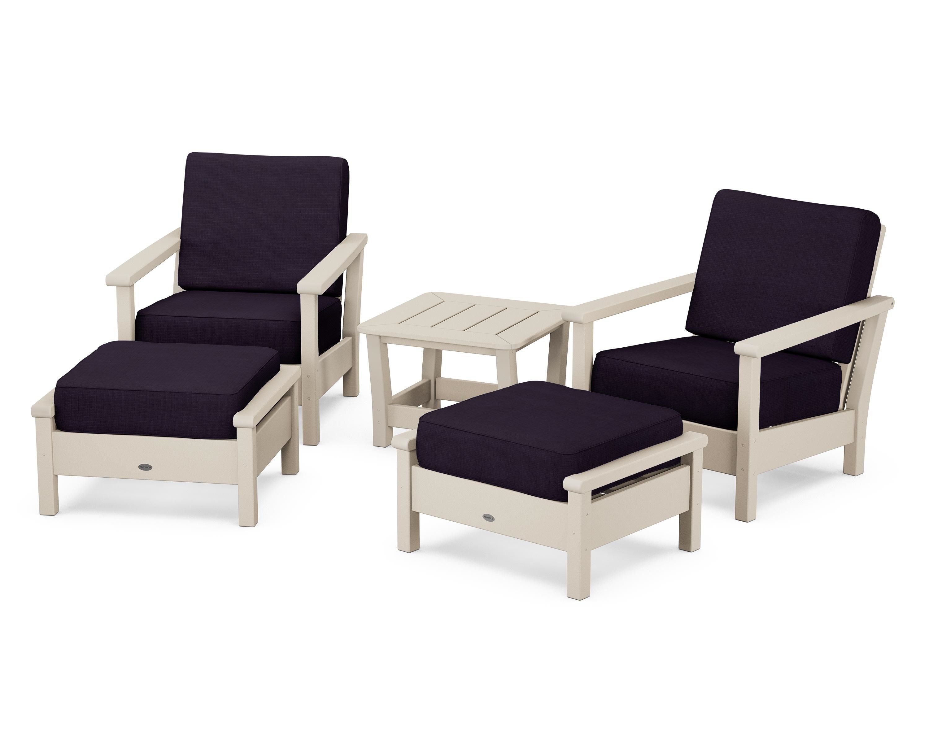 POLYWOOD Harbour 5-Piece Deep Seating Chair Set in Sand / Navy Linen
